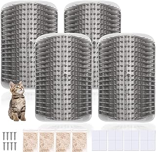 LOUNDY 4 Pack Cat Self Groomer Soft Cat Wall Corner Massage Comb Corner Scratcher Pet Grooming Brush with Catnip Tape and Screws for Long and Short Haired Kittens and Puppies Grey