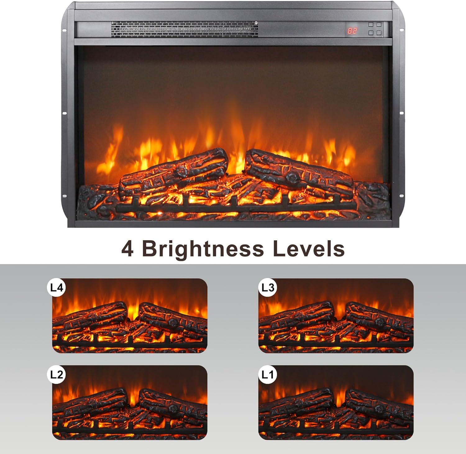 Image showing the four flame brightness levels (L1, L2, L3, L4) of the electric fireplace