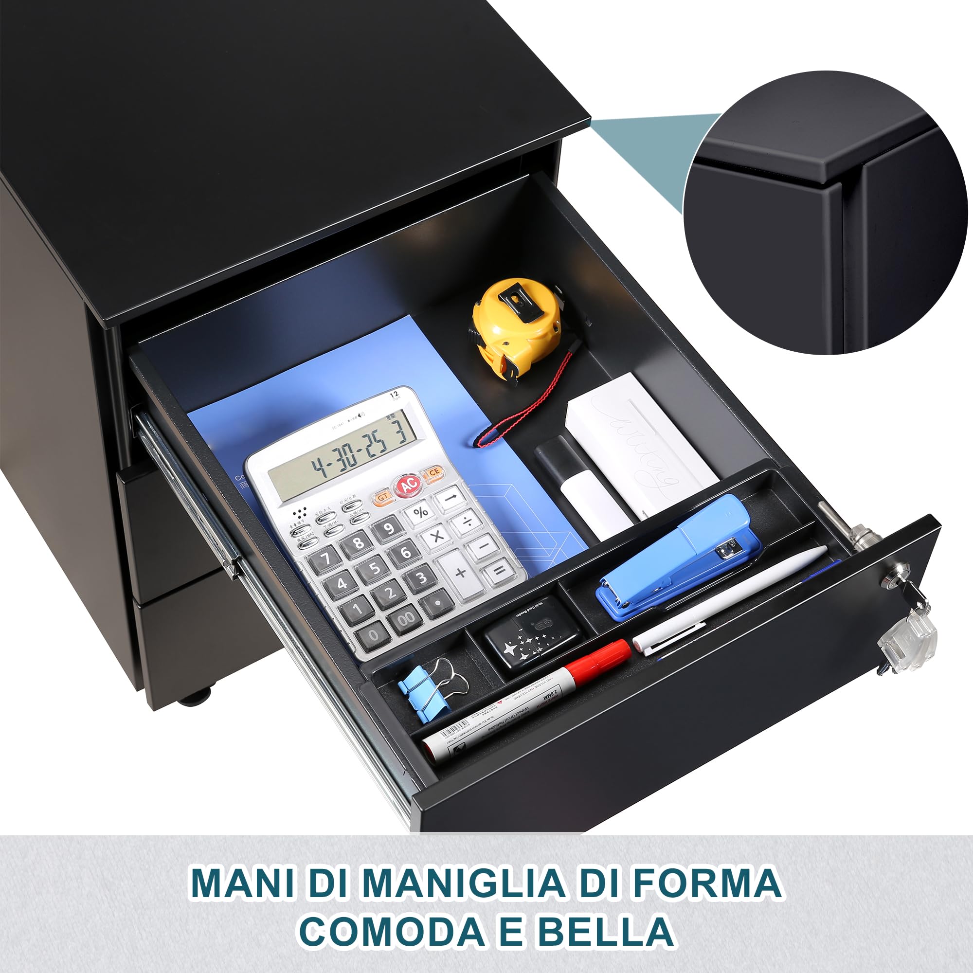 Cassettiera da Ufficio con 3 Cassetti, Scrivania con Ruote, Armadietti in Metallo, Completamente Assemblato, Nero, Ufficio, Studio