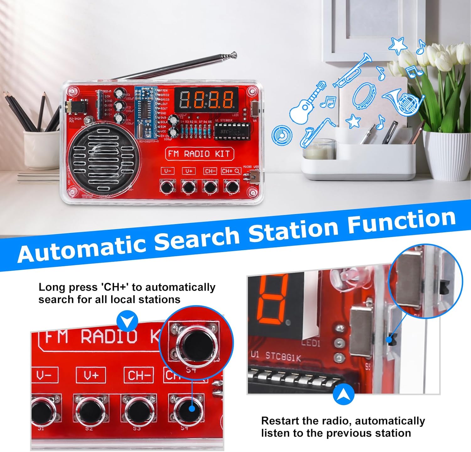 Close-up of the radio's two-piece acrylic shell