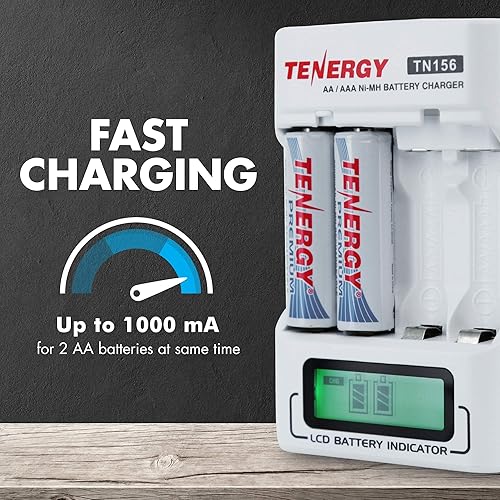 Miniatura 5 de Tenergy TN156 Cargador de batería compacto AA/AAA NiMH NiCD LCD de 4 bahías, cargador ideal para baterías recargables de tamaño AA y AAA para