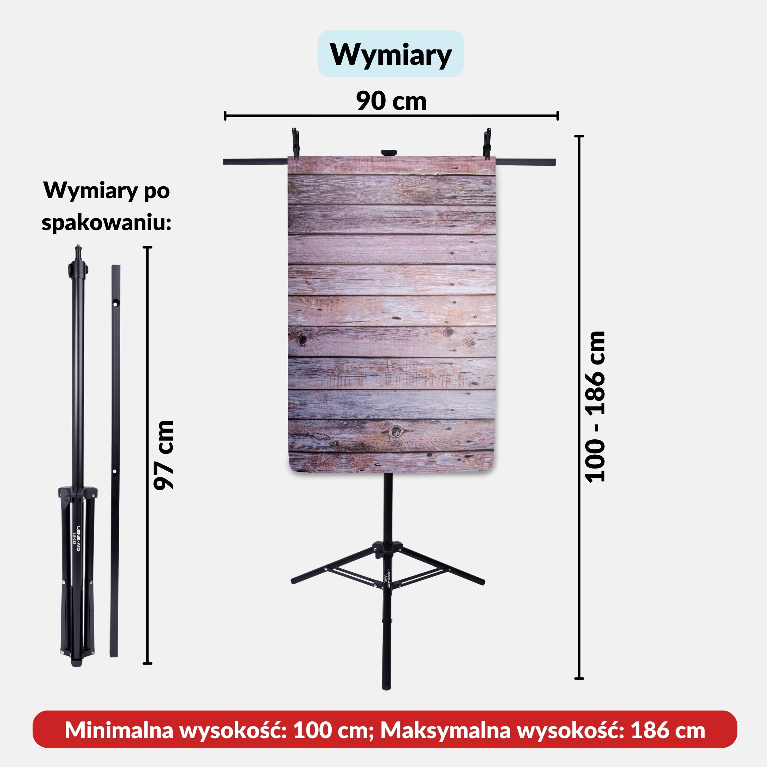 LENS-AID statyw do tﾅＢ foto Flatlay i uchwyt lampy | Poprzeczka do teł fotograficznych, wysokość 100-186 cm, kolumna 28 mm z szybkozłączem, 2 zaciski
