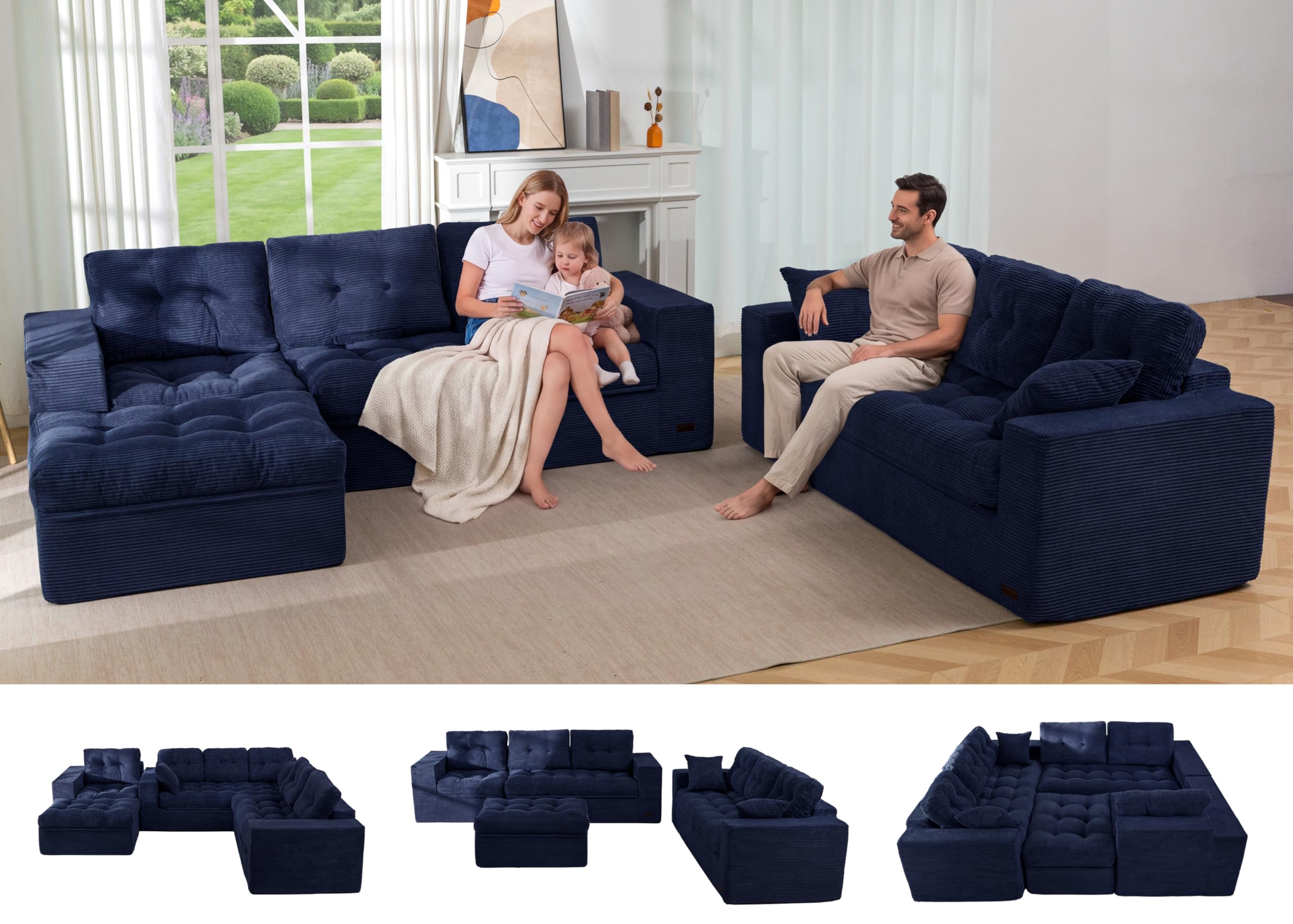 MAXYOYO Modular Sectional Sofa with Ottoman and Loveseat, Cloud Boneless Couch with Layered Cushion, Flexible Module Combination Sofa for Living Room, No Assembly Required,Navy
