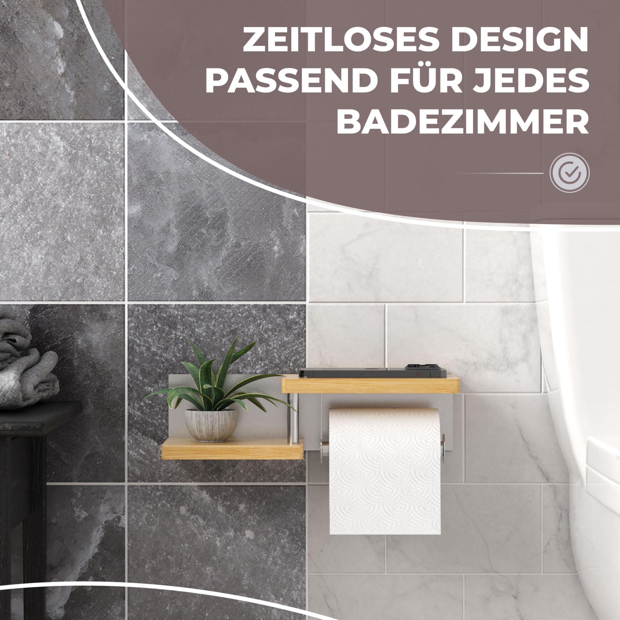 ElbFuchs® Toilettenpapierhalter Holz Bambus [KLEBEN oder Bohren] | hochwertiger Klopapierhalter ohne Bohren mit Ablage | Edelstahl | Klorollenhalter | WC Rollenhalter