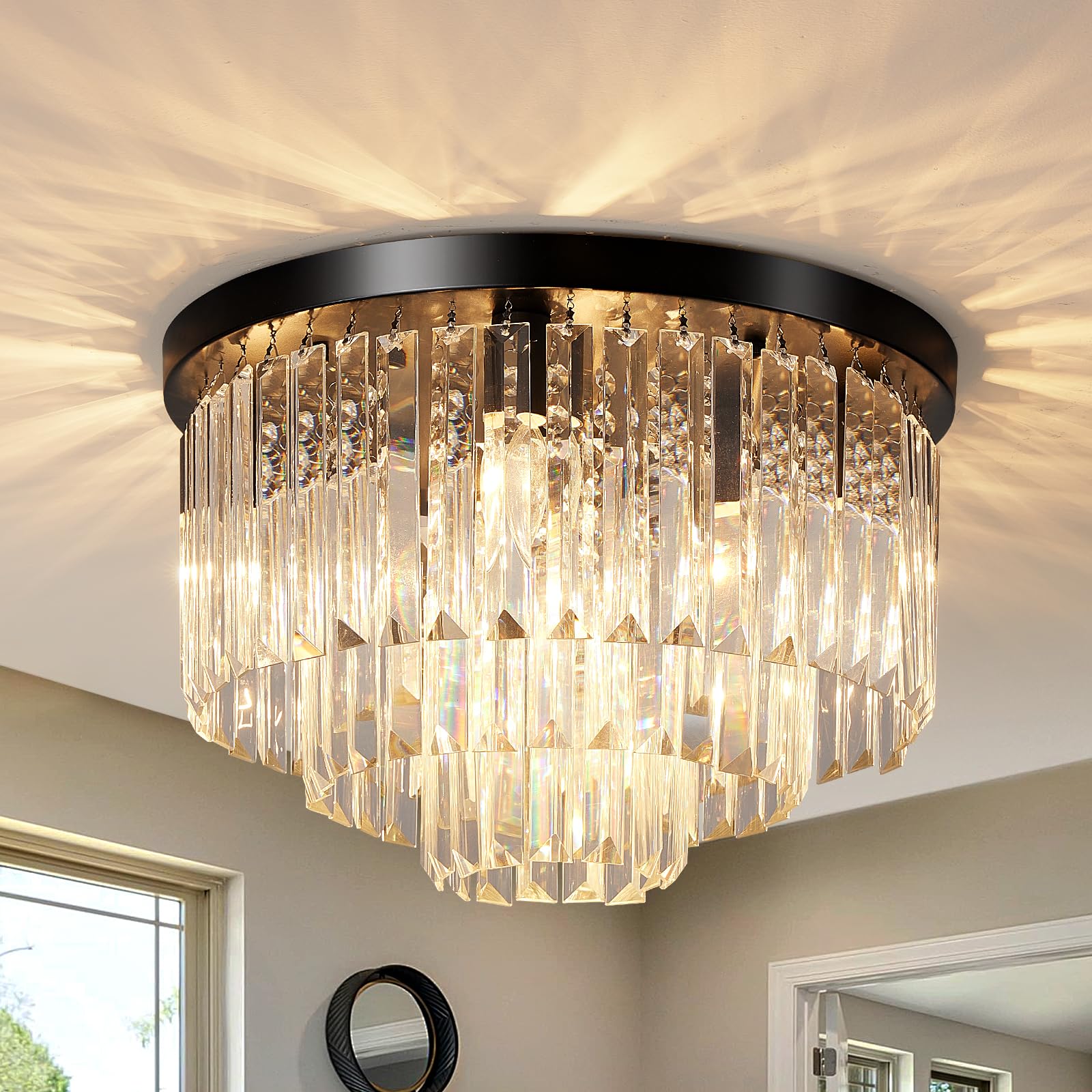 Gopmmy 16" Black Crystal Chandelier Ceiling Light, Flush Mount 5-Lights 3-Tier K9 Crystal Round Chandelier Light for Dining Room Kitchen Island Living