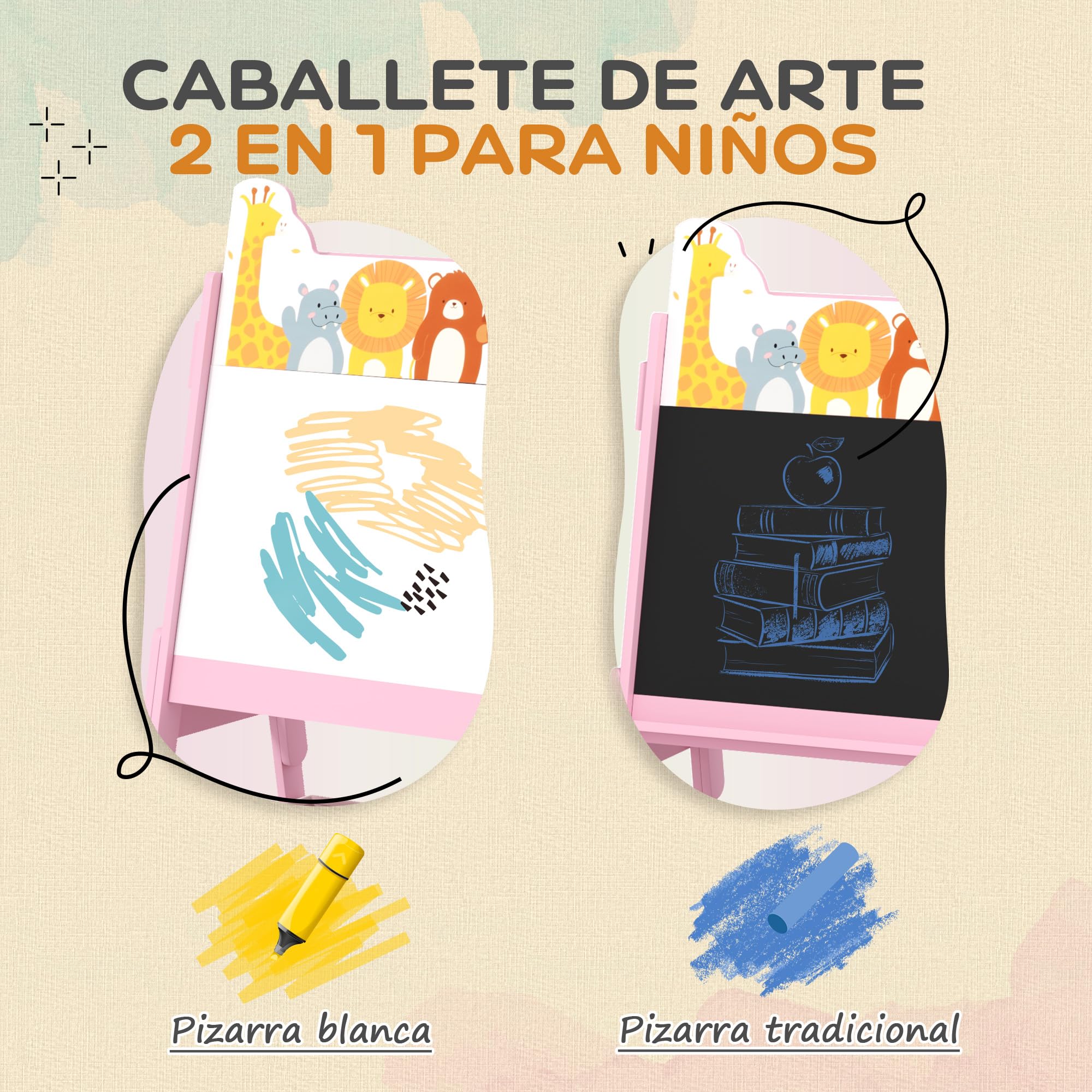 AIYAPLAY Pizarra Infantil Caballete 2 en 1 Doble Cara con Pizarra Blanca 2 Cestas de Almacenamiento Caballete Pintura Niños con Estampado de Animales 53,5x49x113 cm Rosa