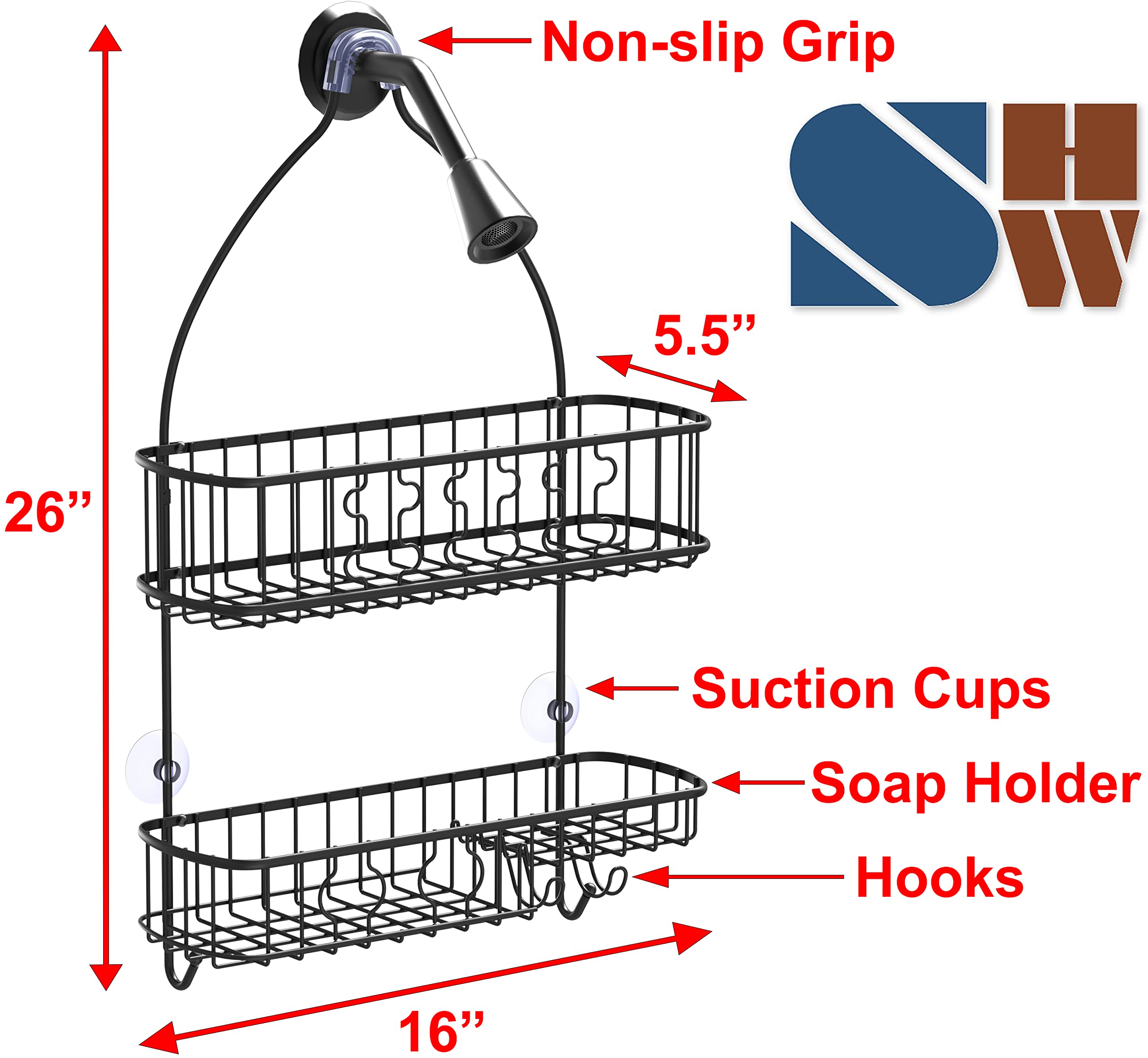 Simple Houseware Organizer da appendere per soffione doccia, colore nero