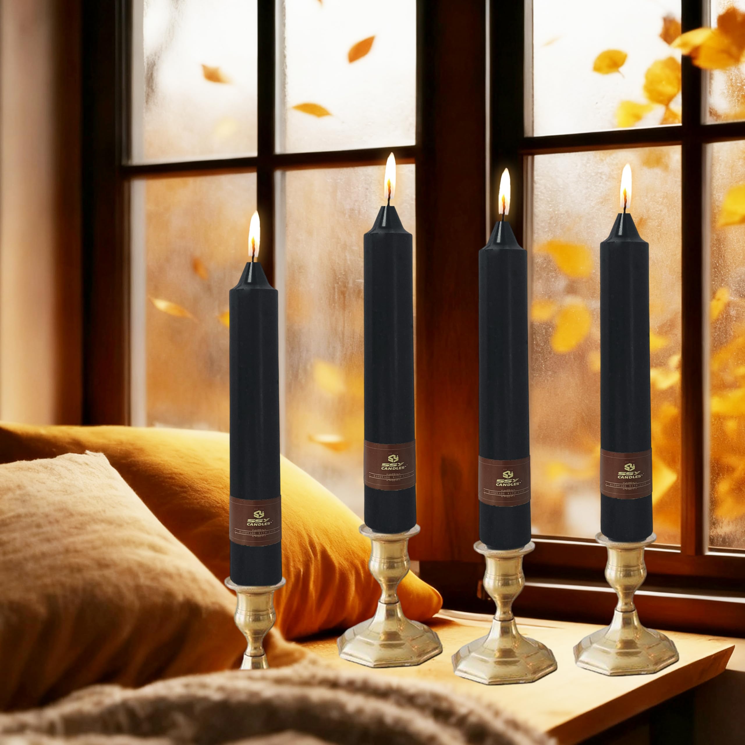 Confezione da 4 candele coniche nere per Halloween, versate a mano, 22,9 cm, non profumate, lunghe candele affusolate per decorazioni spettrali, case infestate e matrimoni gotici, combustione pulita