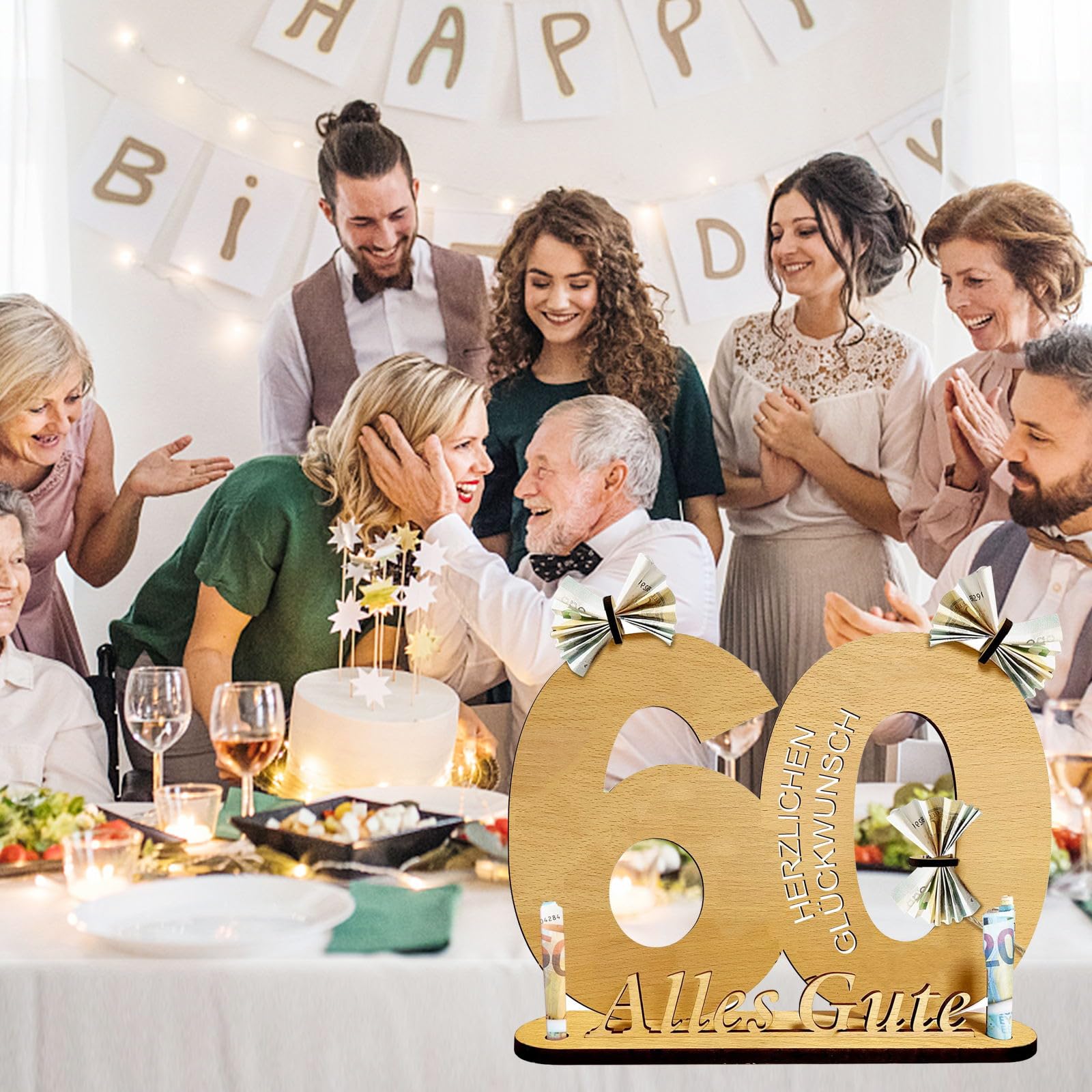 Regali in denaro per compleanno, idee regalo per 60 compleanno, uomo/donna, in legno con supporto e candelabro, decorazione di compleanno