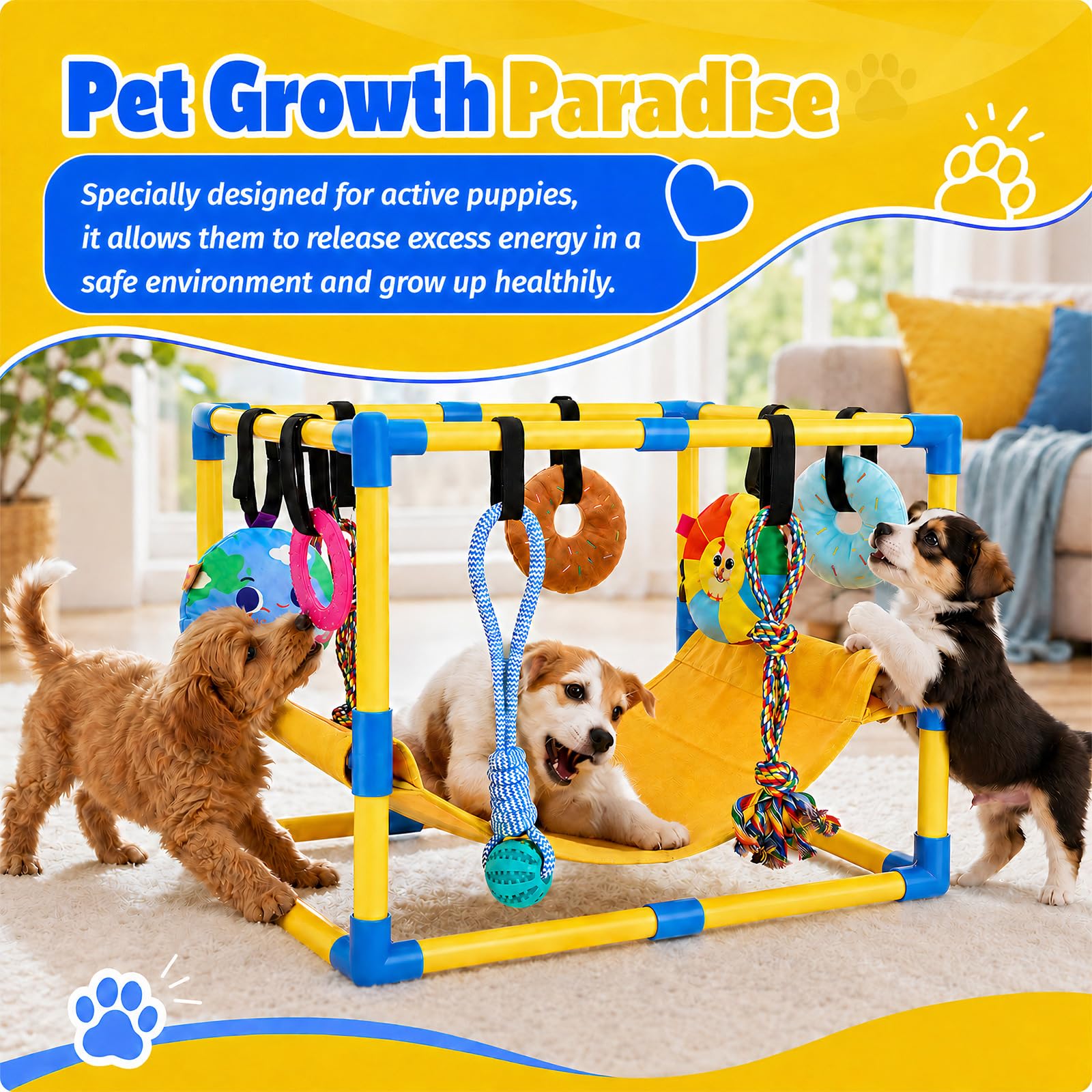 Parco giochi per cuccioli con 8 giocattoli da appendere | Struttura da gioco per cani di piccola taglia, con telaio in PVC, amaca per calmare e addestramento