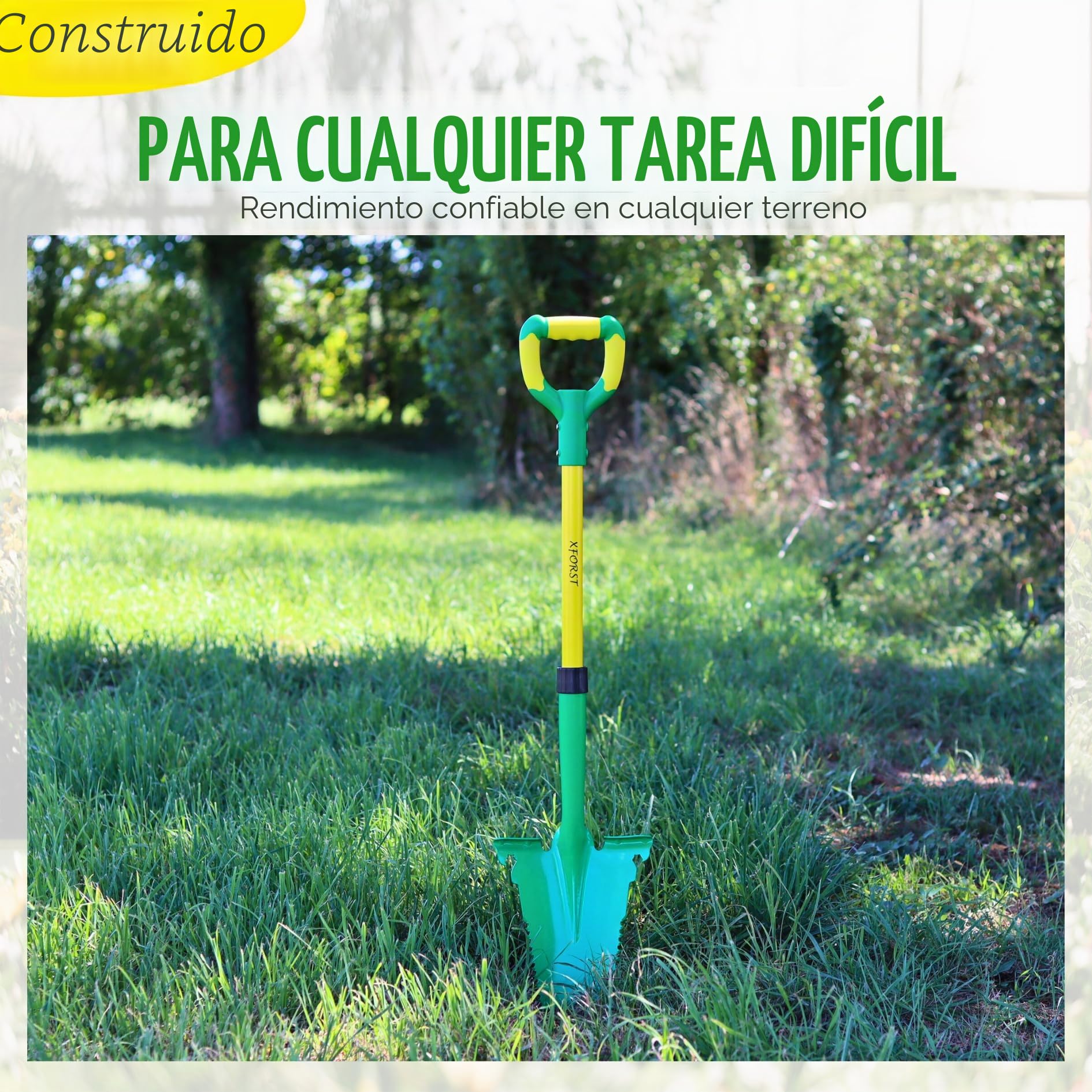 Xforst Pala de Jardín SZ-3 – Pala con Sierra de Raíces 114 cm – Hoja de Acero al Carbono 25×35 cm – Mango de Fibra de Vidrio Amarillo con Empuñadura Ergonómica – Herramienta de Jardinería y Exterior