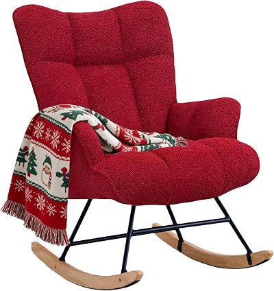 Zedachica Rocking Chair Nursery Teddy Rocking Accent Chair Upholstered Glider Rocker Armchair Comfy Side Chair Padded Seat with High Back for Living Room Bedroom Offices (Burgundy)