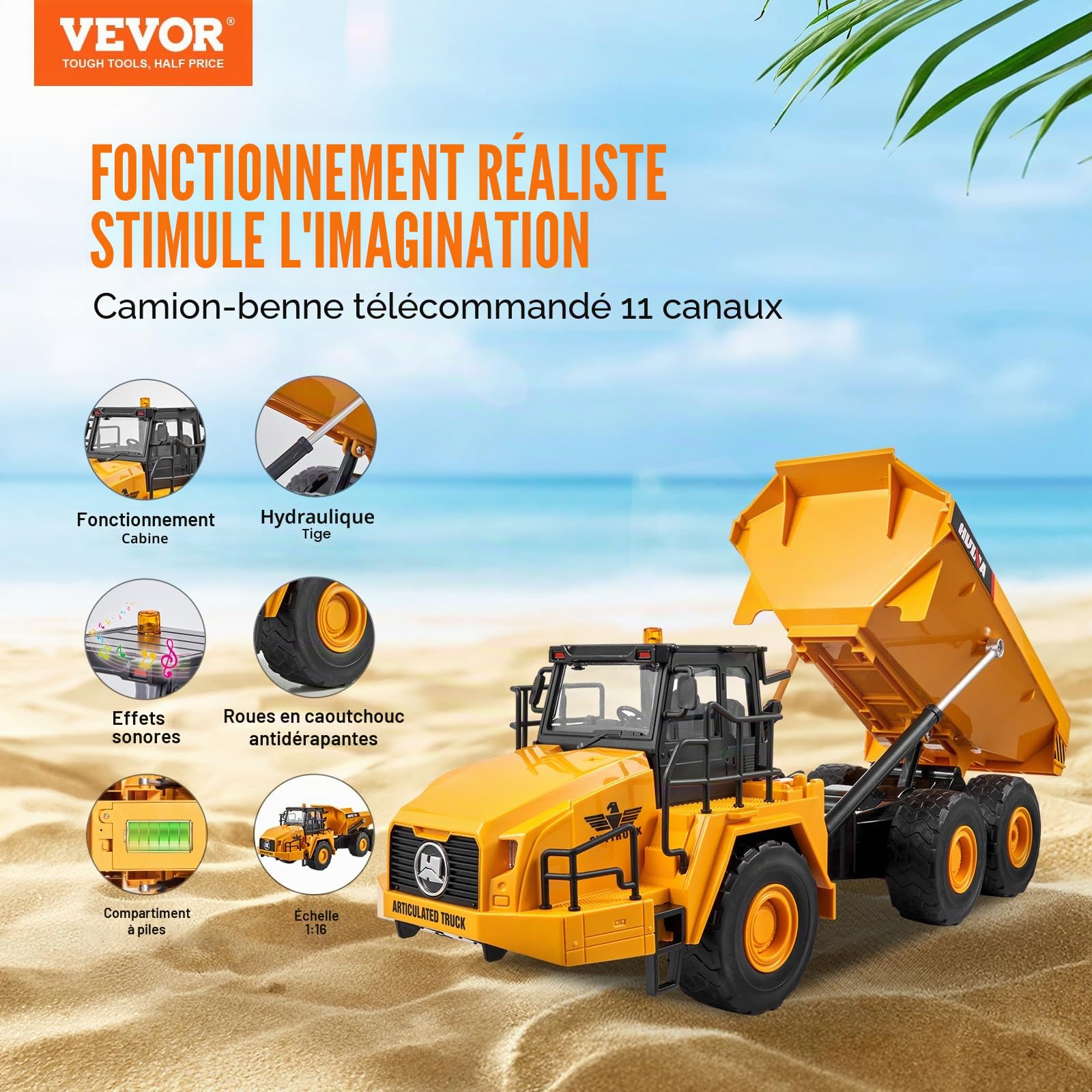 VEVOR Camion à Benne Basculante Télécommandé, 11 Canaux, Camion-Benne RC 1:16, Jouet Véhicule Construction, Cabine Métal, Lumière, 2 Piles Rechargeables, pour Enfants, Garçons, Filles, 8 Ans et Plus