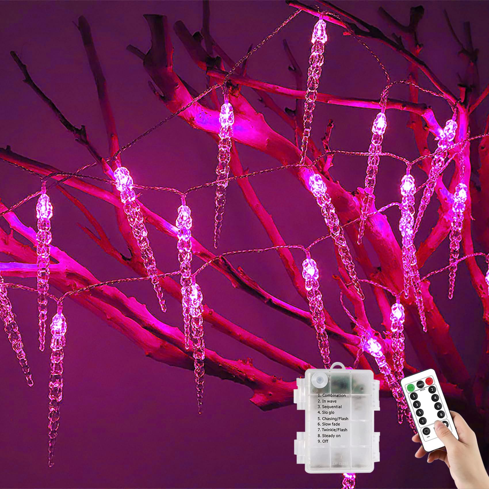Luci a forma di ghiacciolo da esterno con telecomando, alimentate a batteria, 10M/80 LED per decorazioni invernali, natalizie, da giardino, da interno e da esterno (rosa)