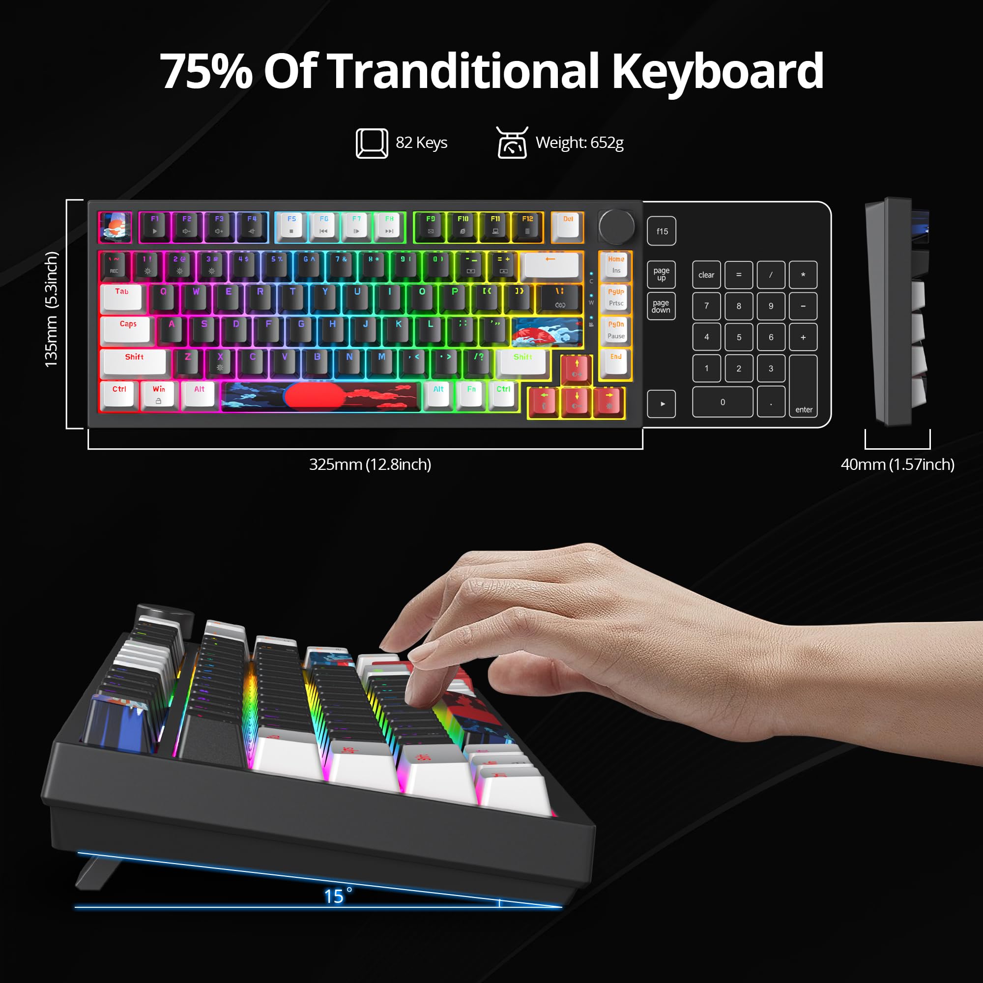 SOLIDEE Teclado mecánico para juegos con cable 75% intercambiable en caliente, teclado retroiluminado RGB con interruptor rojo, teclado mecánico TKL de 82 teclas, teclas PBT NKRO teclado compacto con — view 7
