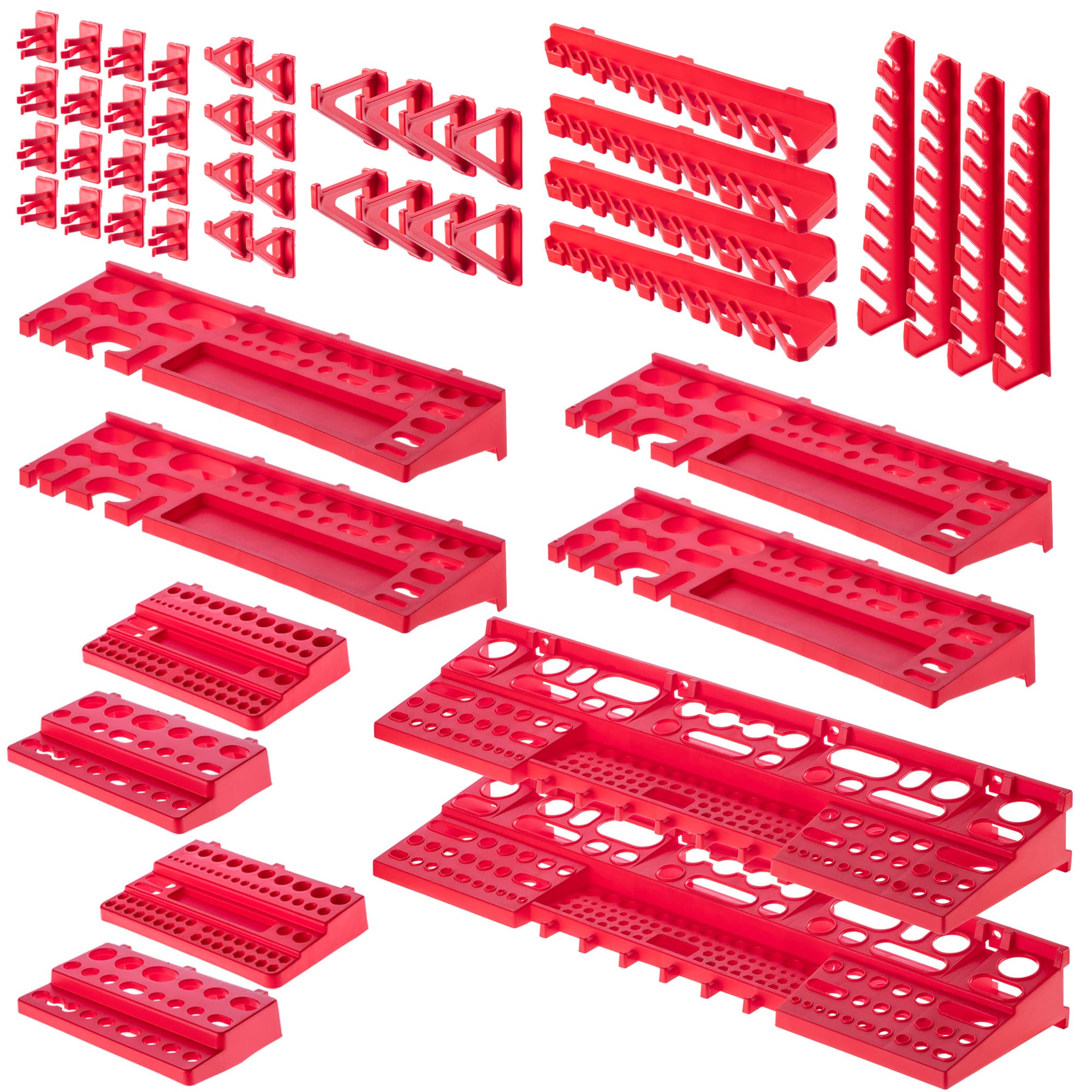 KADAX Lot de 162 Grande étagère murale à outils, système de stockage 232 x 78 cm, en plastique robuste, système modulaire résistant aux UV, plaques murales extensibles, étagère d'atelier (rouge