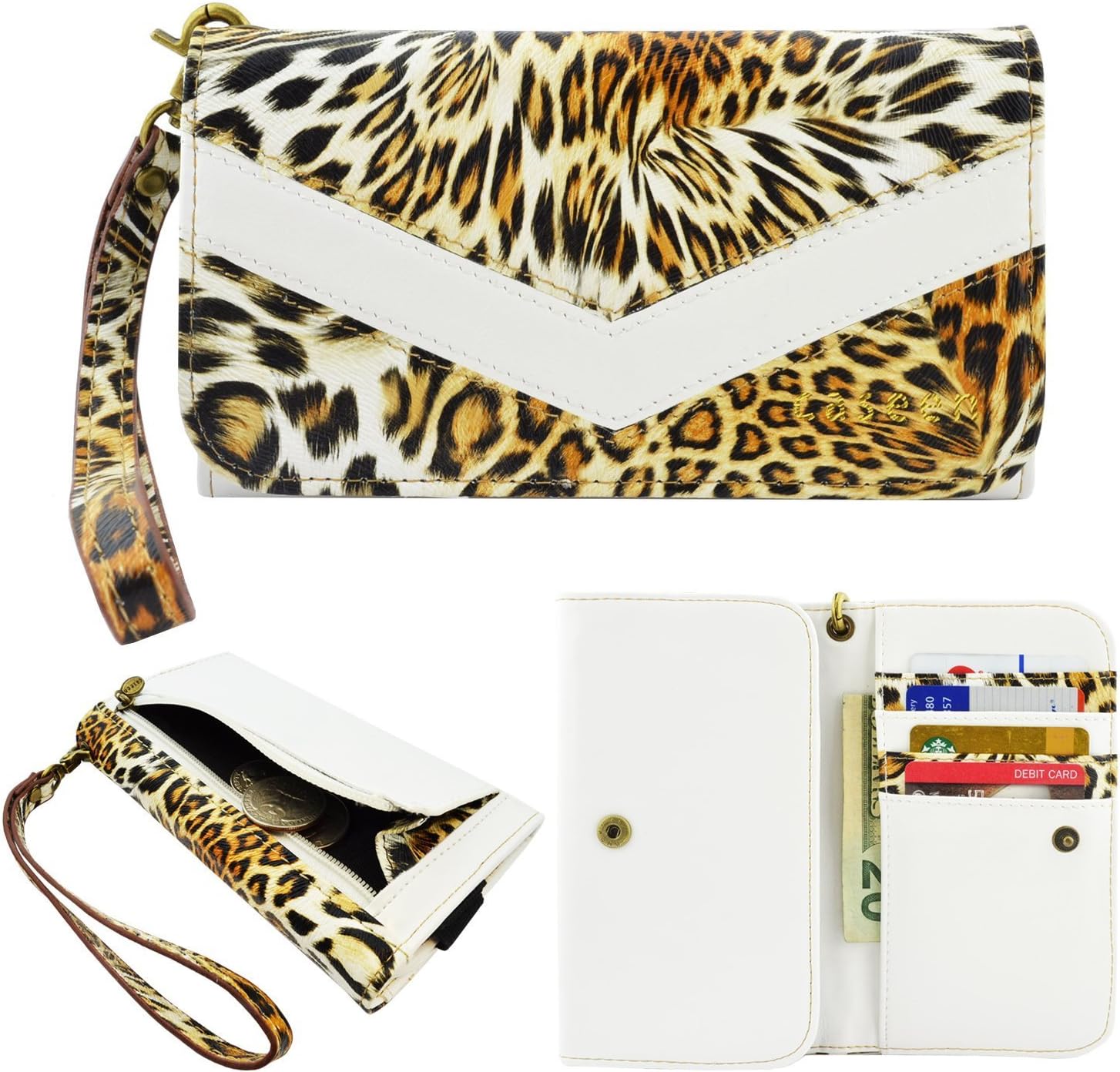 caseen ViVi Women's Smartphone Wallet Clutch Wristlet Case (Leopard/White) for HTC One remix, Desire 612, KYOCERA Brigadier, Nokia Lumia 928, Blackberry Q10, Z10, Z30, Bold 9930, LG Enact, Lucid 3, Samsung ATIV SE