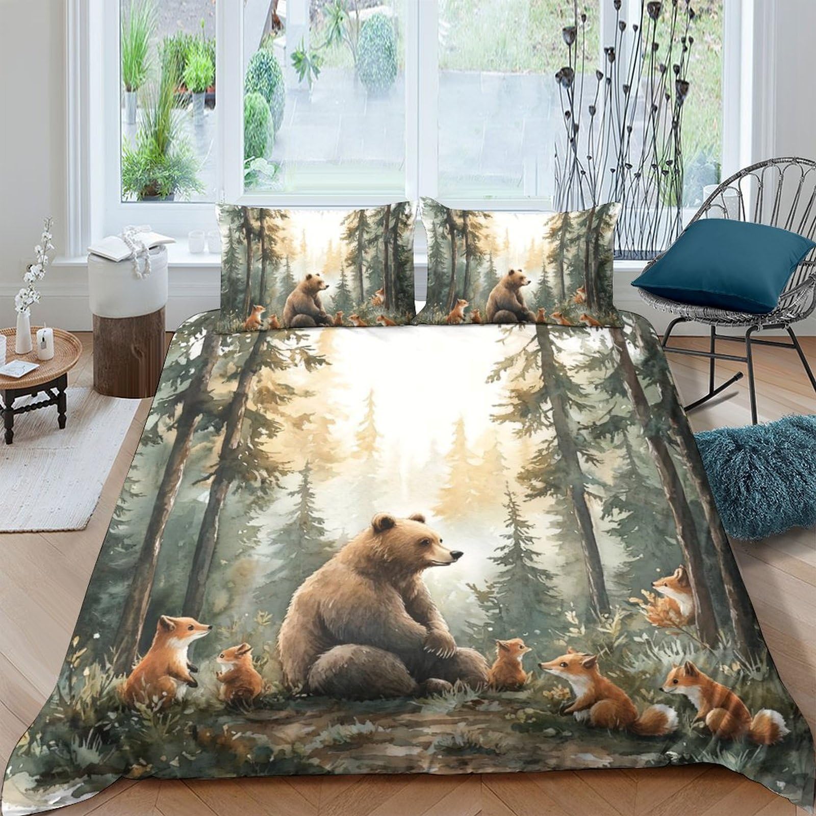 Ctjqhvkz Style-10 3D Printed Forest Bear Fitted Sheet Microfiber Soft Woodland Fox Mattress Cover For Bedroom Guest Room Decor Single（135X200cm）