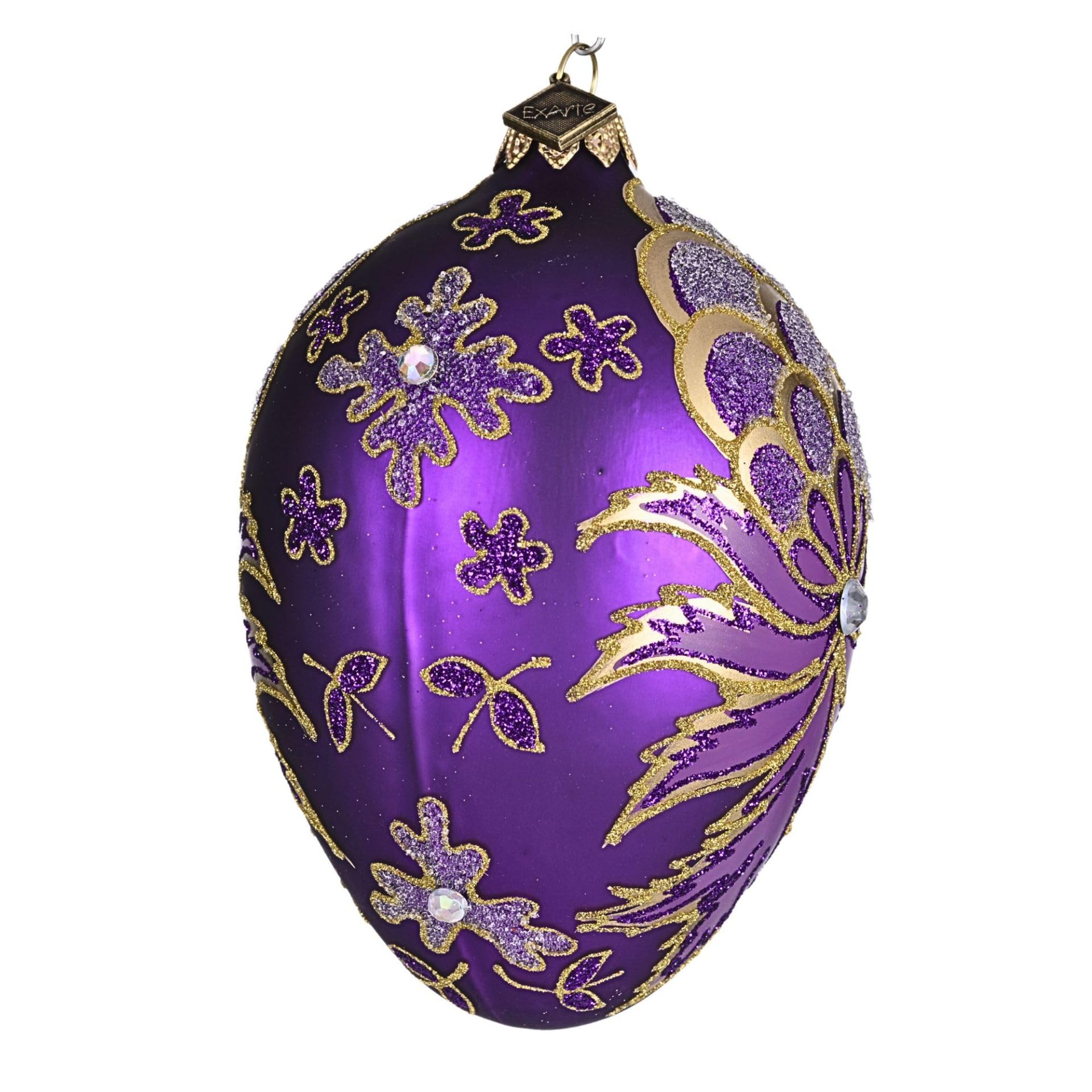 Huevo de Pascua soplado a mano de cristal púrpura estilo Fabergé adorno