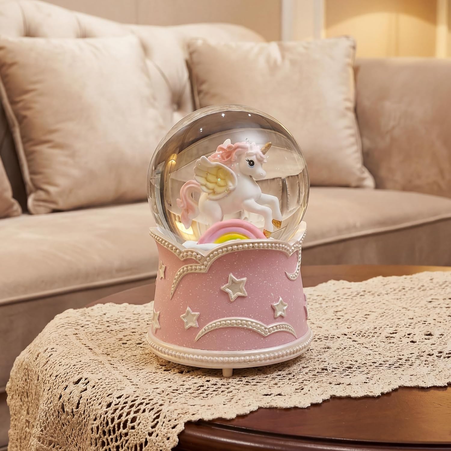 Pink Unicorn Snow Globe with Lighted Rainbow & Lullaby Music – LED Musical Snow Globe with Floating Glitter, Elegant Decorative Gift, for Girls, Bedroom & Nursery Decor, Birthday