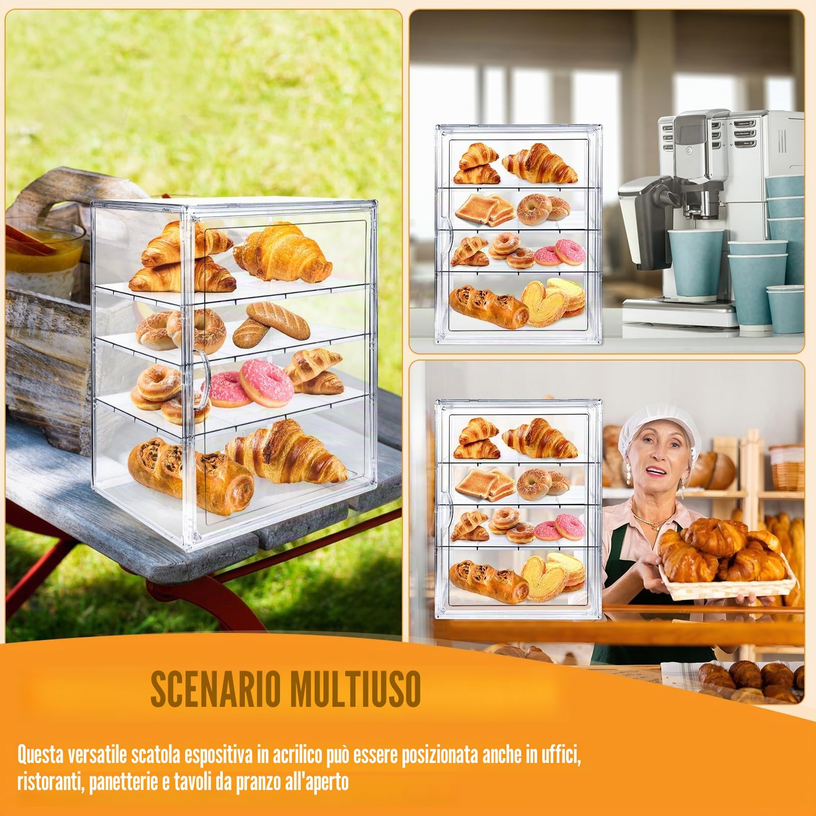 Espositore per pasticceria, contenitore per pane per piano di lavoro della cucina, vetrina per pasticceria, 4 strati, regolabile, trasparente, con porta magnetica, espositore per panetteria