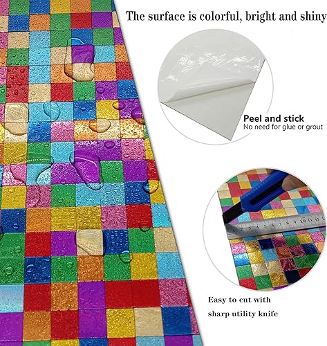 Miniatura 3 de XUANINY Azulejos para salpicaduras para despegar y pegar, adhesivo de mosaico de metal con superficie cuadrada de aluminio arcoíris, adhesivo de