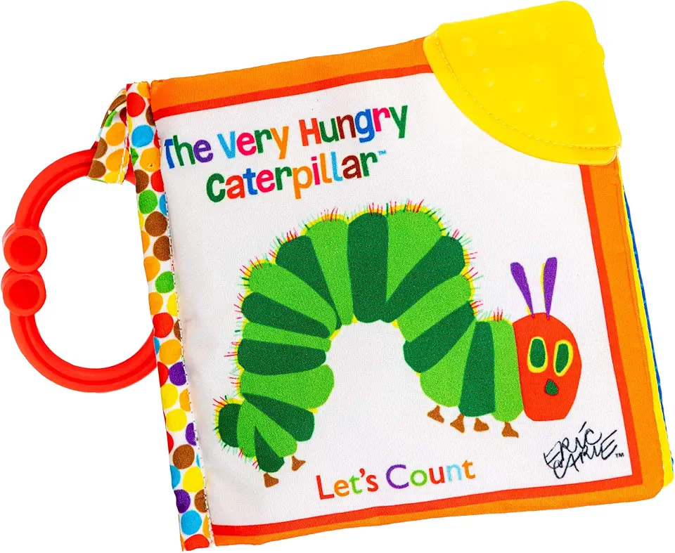 Let&#x27;s Count Soft Book - World of Eric Carle the Very Hungry Caterpillar Baby on the Go Clip Teething Crinkle Soft Sensory Book for Babies, 5.25x5.25 Inch