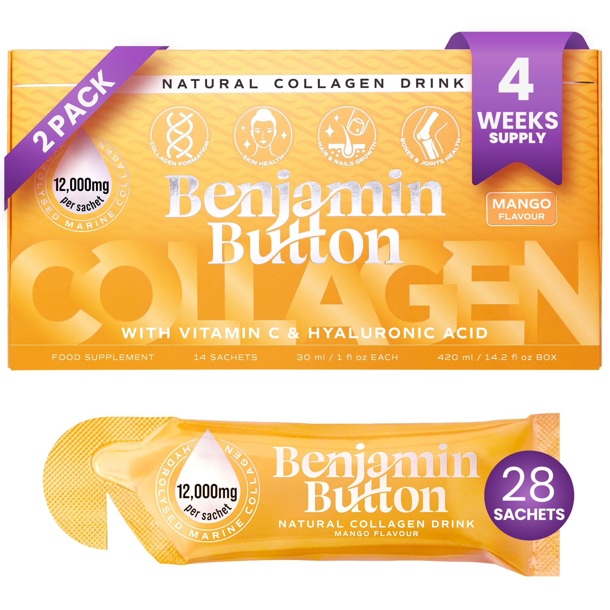 Benjamin Button 12,000mg Marine Collagen Liquid Shots| High Strength Hydrolyzed Marine Collagen Peptides w/Hyaluronic Acid & Vitamin C for Skin, Hair & Joints | Mango, 14 Daily Servings 30ml — Amazon image 13