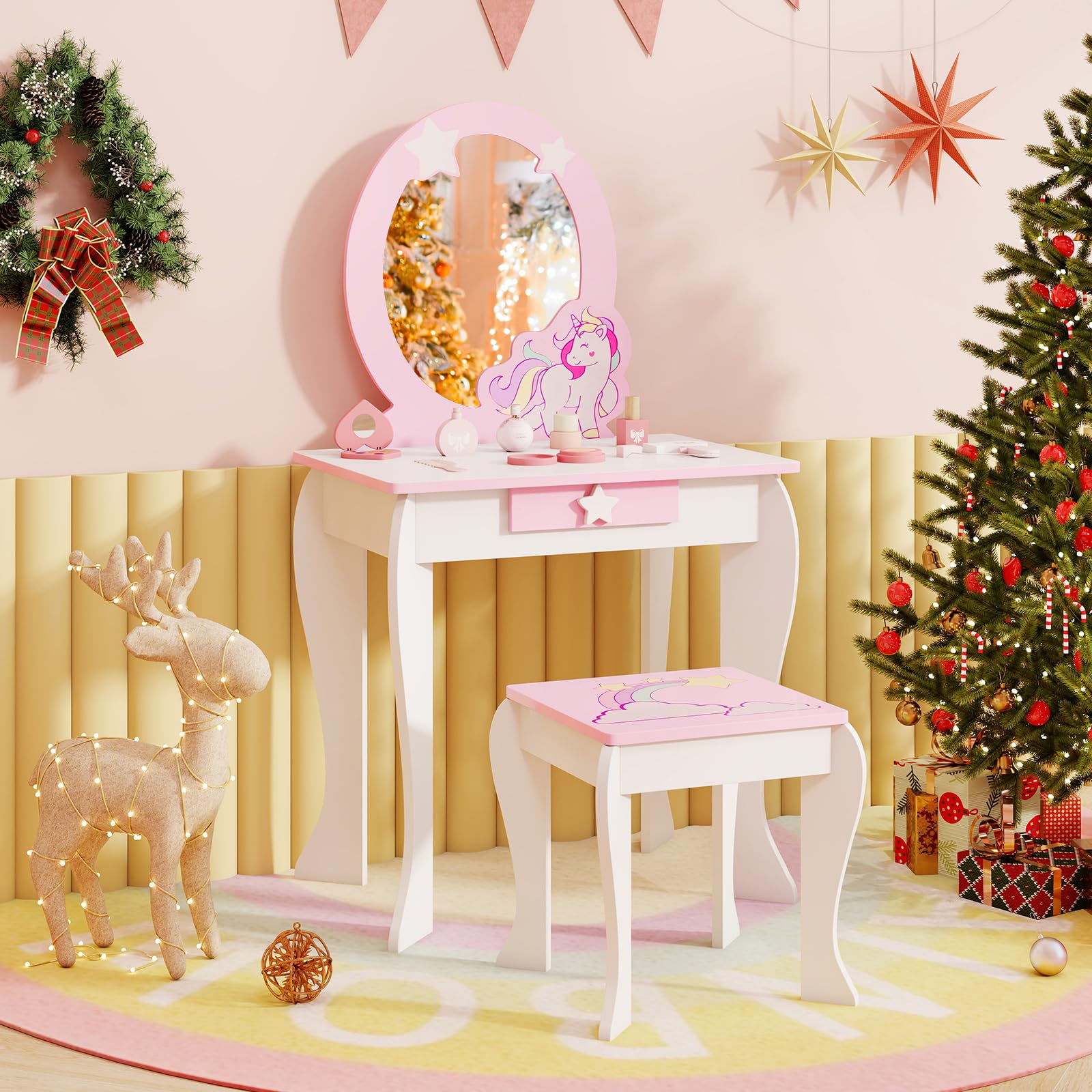 COSTWAY Mesa de Maquillaje con Taburete y Espejo para Niña, Tocador Princesa de Madera con Cajón, para Niñas de 3-7 Años (Blanco)