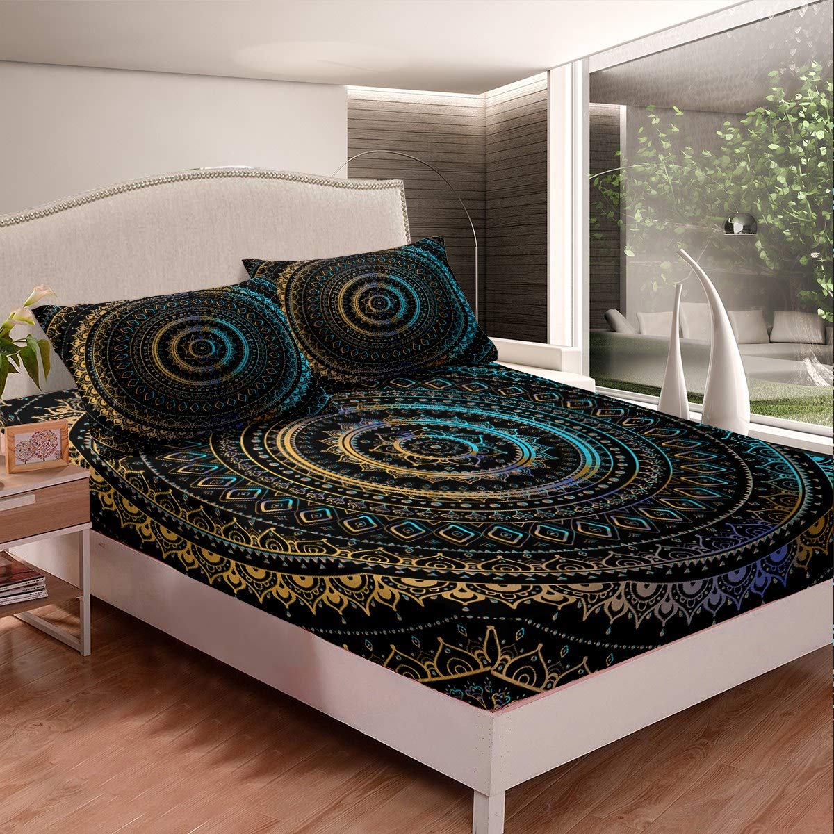 Loussiesd Boho Mandala Bedding Set Bohemian Style Fitted Sheet For Children Adults Chic Hippie Mandala Bed Sheet Set Luxury Exotic Floral Bed Cover Bedroom Decor 3Pcs Double Size