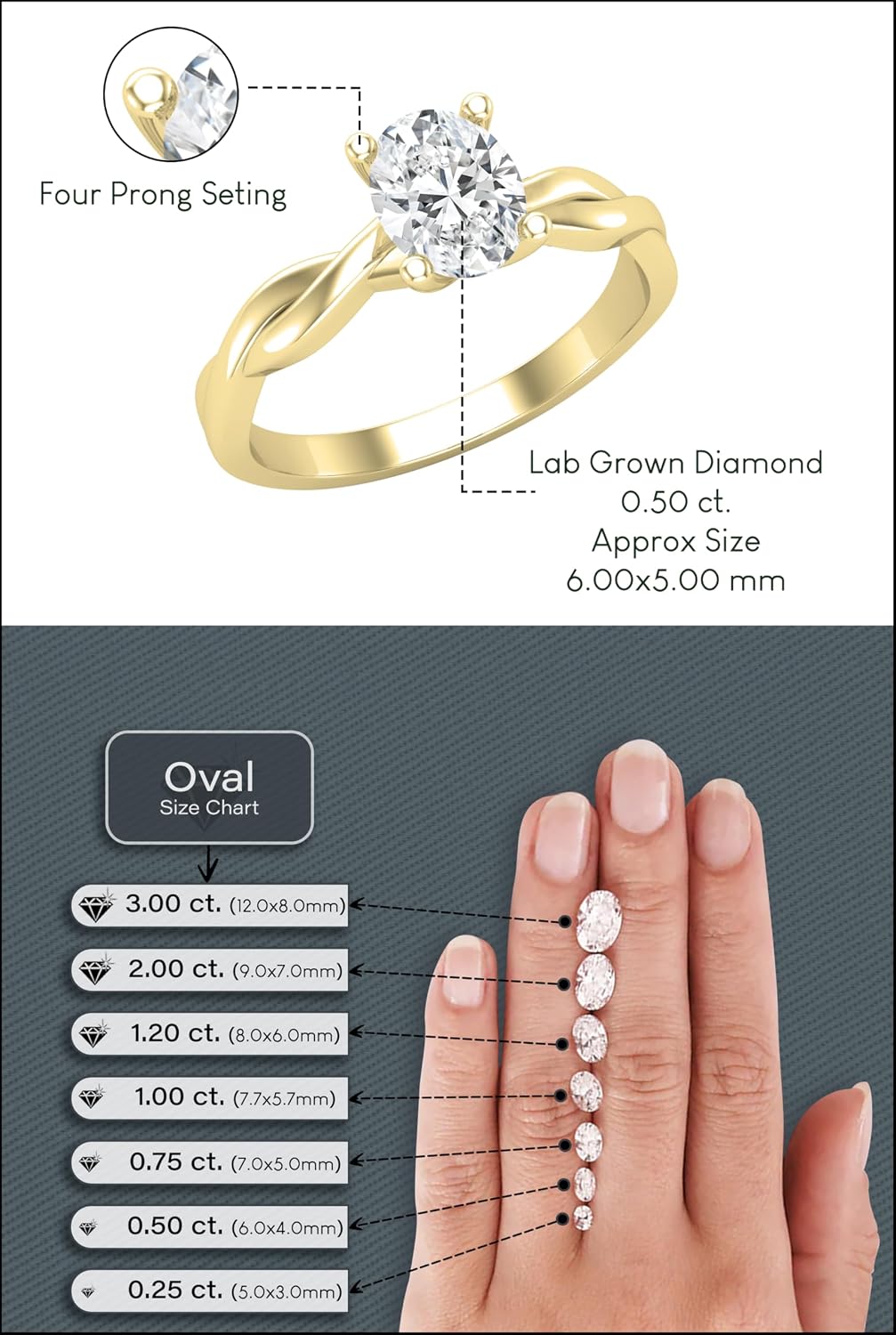 0.50 Carat Oval Lab Grown White Diamond Twisted Solitaire Engagement Ring for Women in 10K Solid White Gold