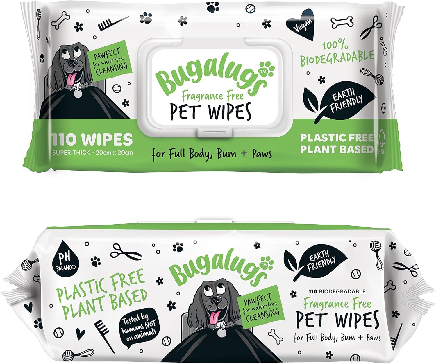 BUGALUGS Dog Wipes, 100 Plastic Free Biodegradable pet wipes for full