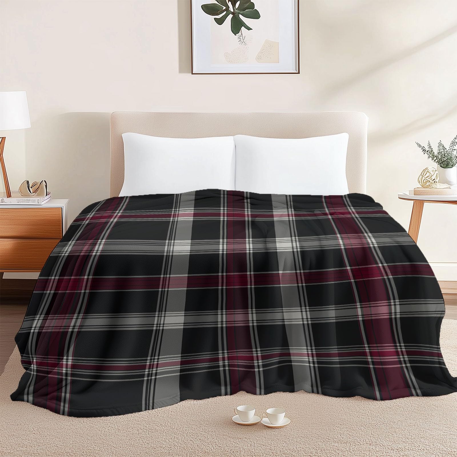 Nadruk Ciemnoszary koc polarowy, prosty puszysty wzór w szkocki, przytulny flanelowy koc dla nastolatków i dorosłych, 220 x 238 cm, na łóżko na sofę