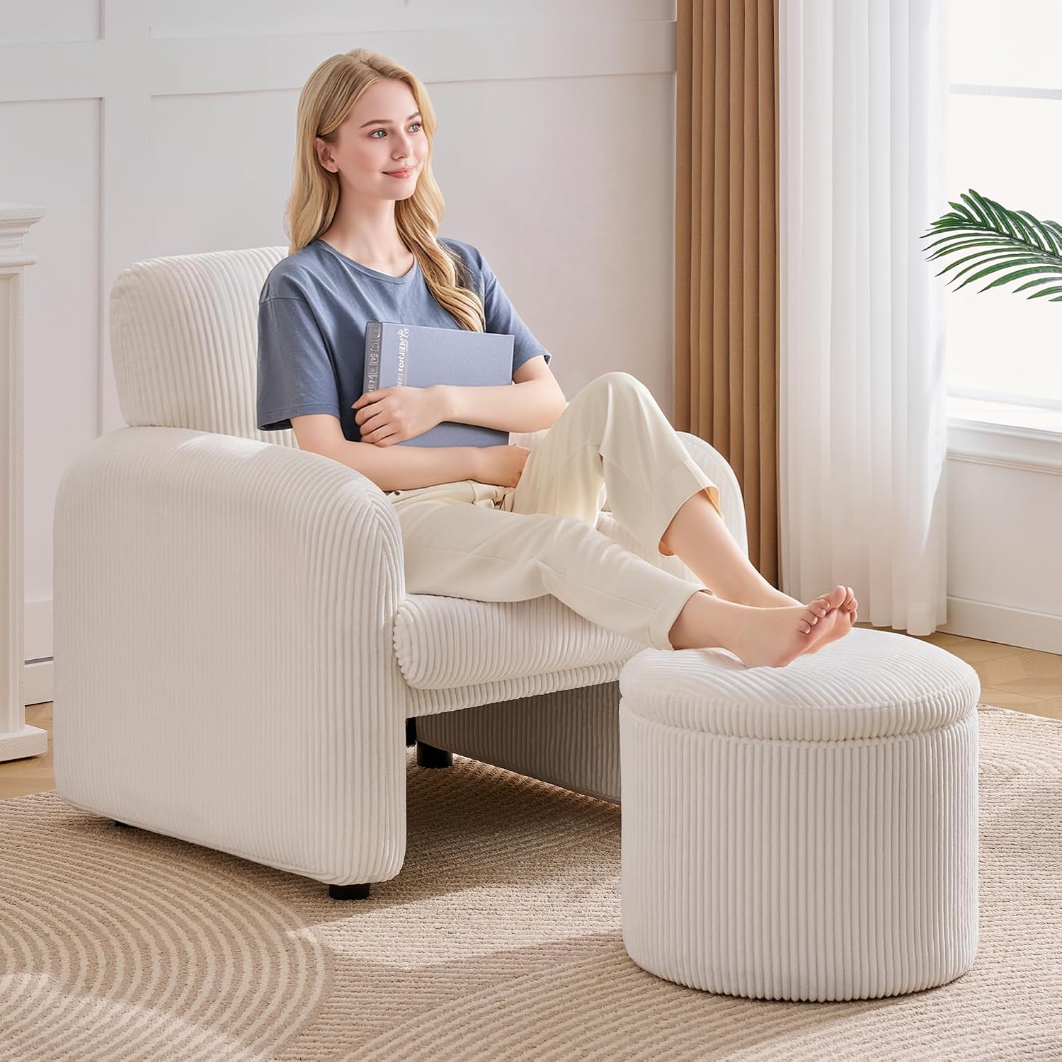 WUTUTUEE Corduroy Accent Chair with Storage Ottoman, Upholstered Armchair with Lumbar Pillow, Flip-Top Ottoman Converts to Coffee Table, Modern Sofa Chair for Living Room, Bedroom, Office, White