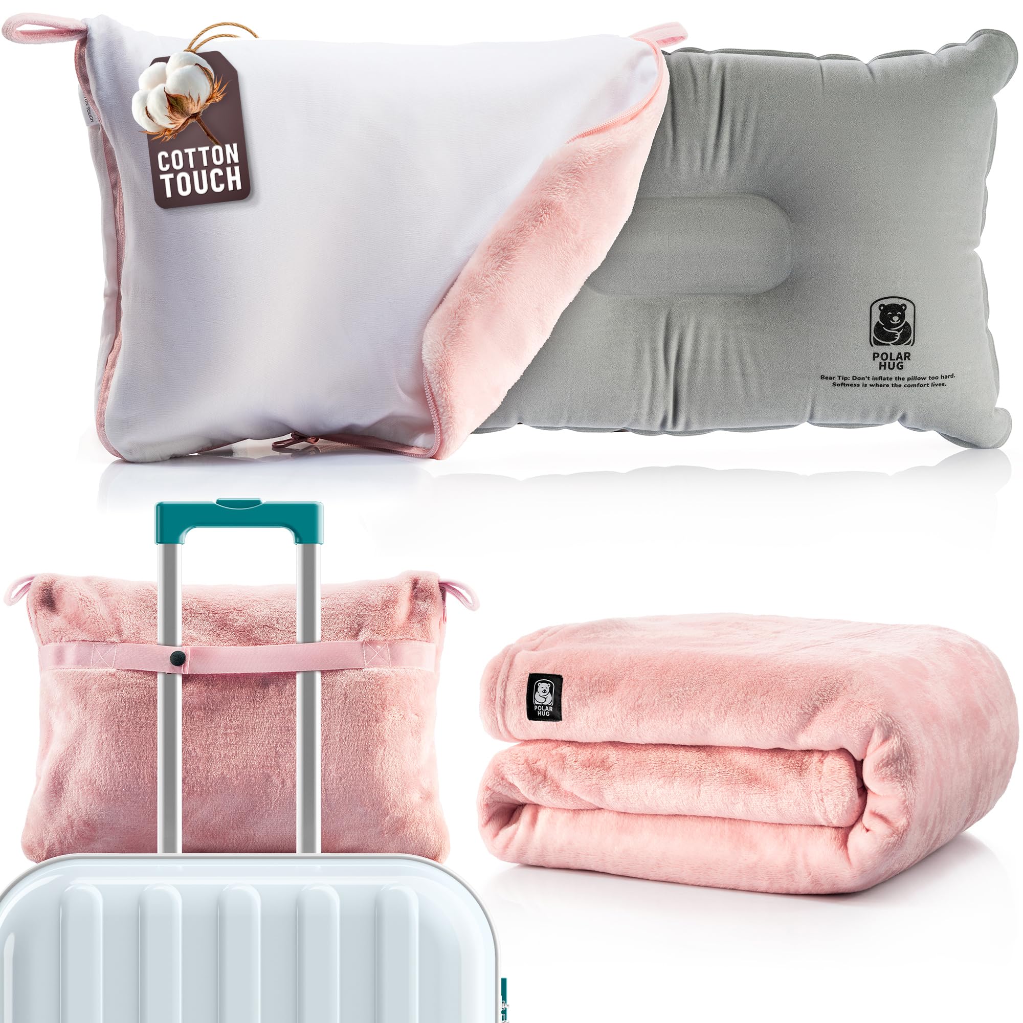 MasterManner Travel Blanket and Pillow Set — Airplane Blanket with Inflatable Pillow and Cotton Case, Compact Travel Blanket with Back-Neck Snaps for