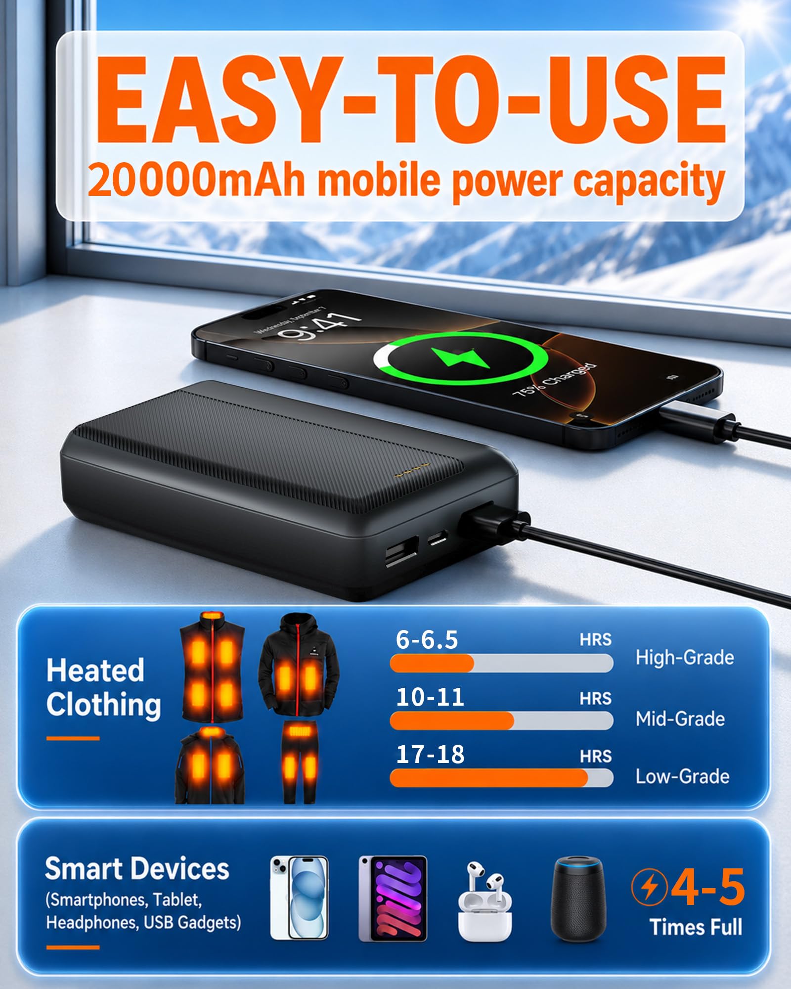 Batterie externe USB 5 V 20 000 mAh pour gilet chauffant (noir, USB 5 V 20 000 mAh), batterie rechargeable, gilets, manteaux