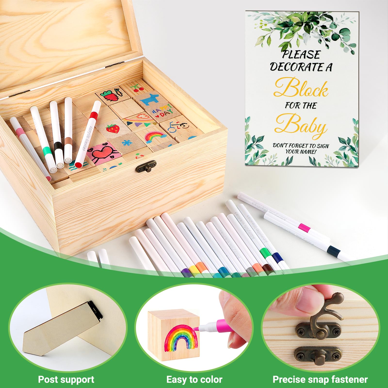 Juego de construcción de 93 piezas para baby shower con 60 cubos de madera para pintar + 24 lápices acrílicos + 6 plantillas + cartel de madera blanco + caja de madera baby shower
