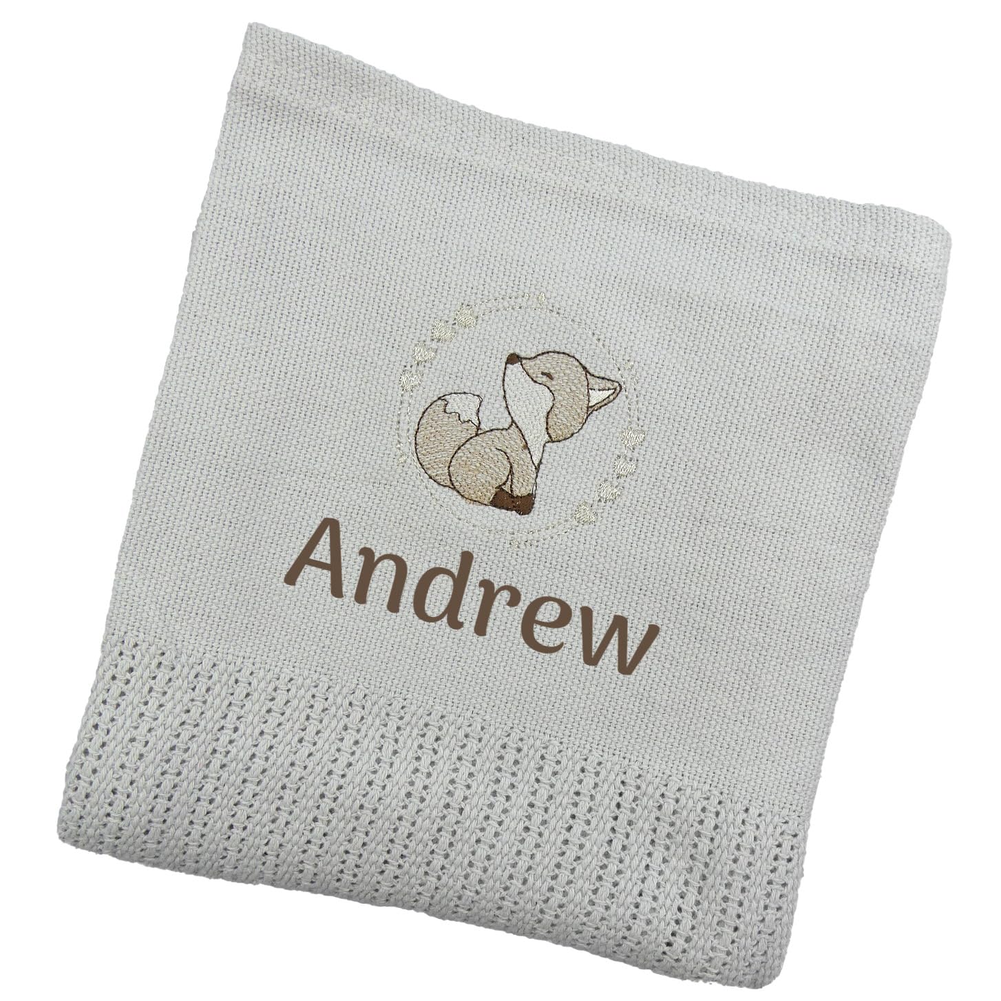 The Pyjama Party Grey Fox Personalised Baby Cellular Blanket With Embroidered Animal Motif 110Cm X 70Cm 100% Cotton Ideal Baby Gift