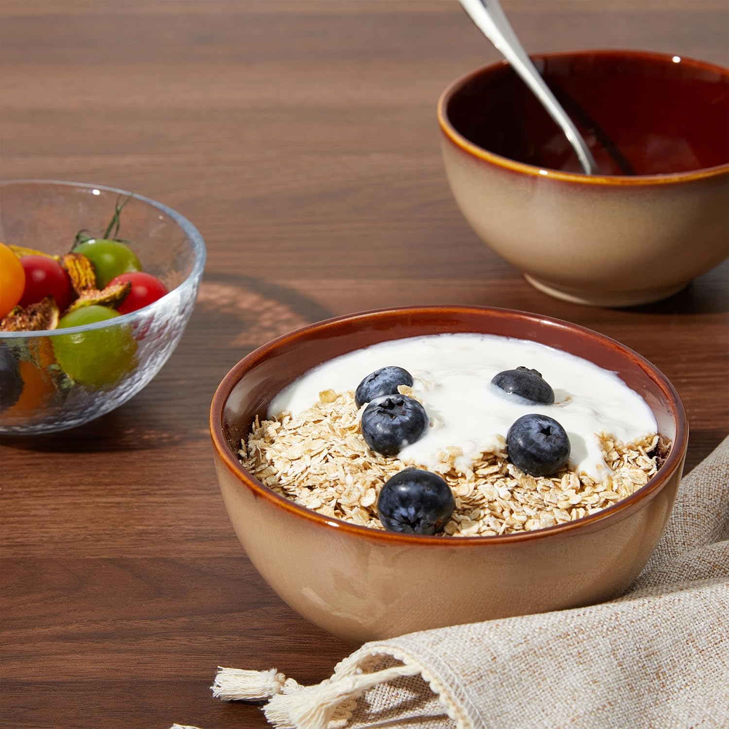 Pokini 5.5" Cereal Bowls & Dessert Bowls Set of 6-22 Oz Small Bowls for Kitchen-Ceramic Bowl for Cereal, Soup, Oatmeal, Salad, Ramen, Noodle, Rice, Yogurt-Dishwasher & Microwave Safe, Brown Yellow