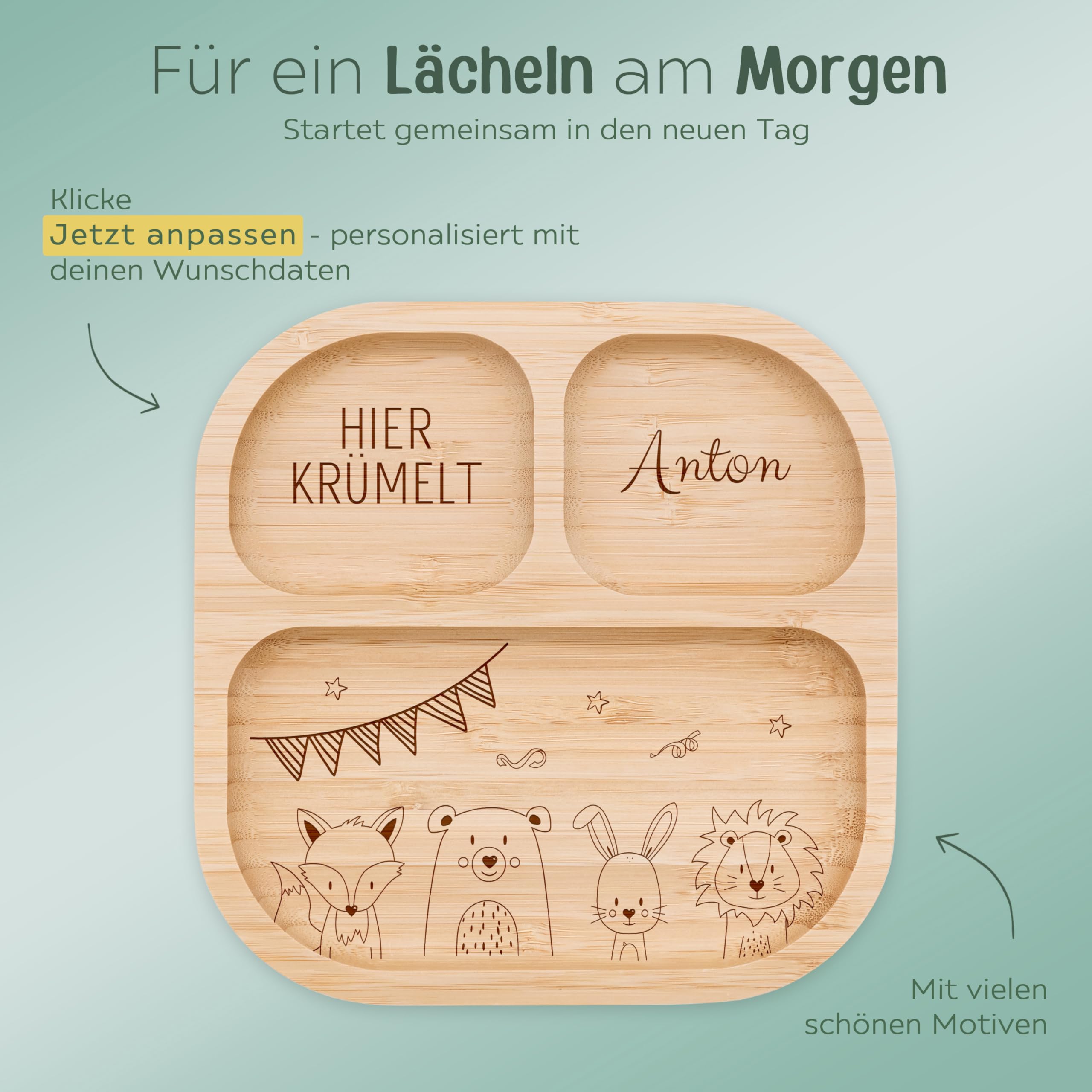 wunderwunsch - Personalisierter Baby Teller mit Saugnapf - Praktisches Kleinkind Zubehör mit Namen - Kinder Teller Rutschfest - Personalisierte Geschenke Geburt