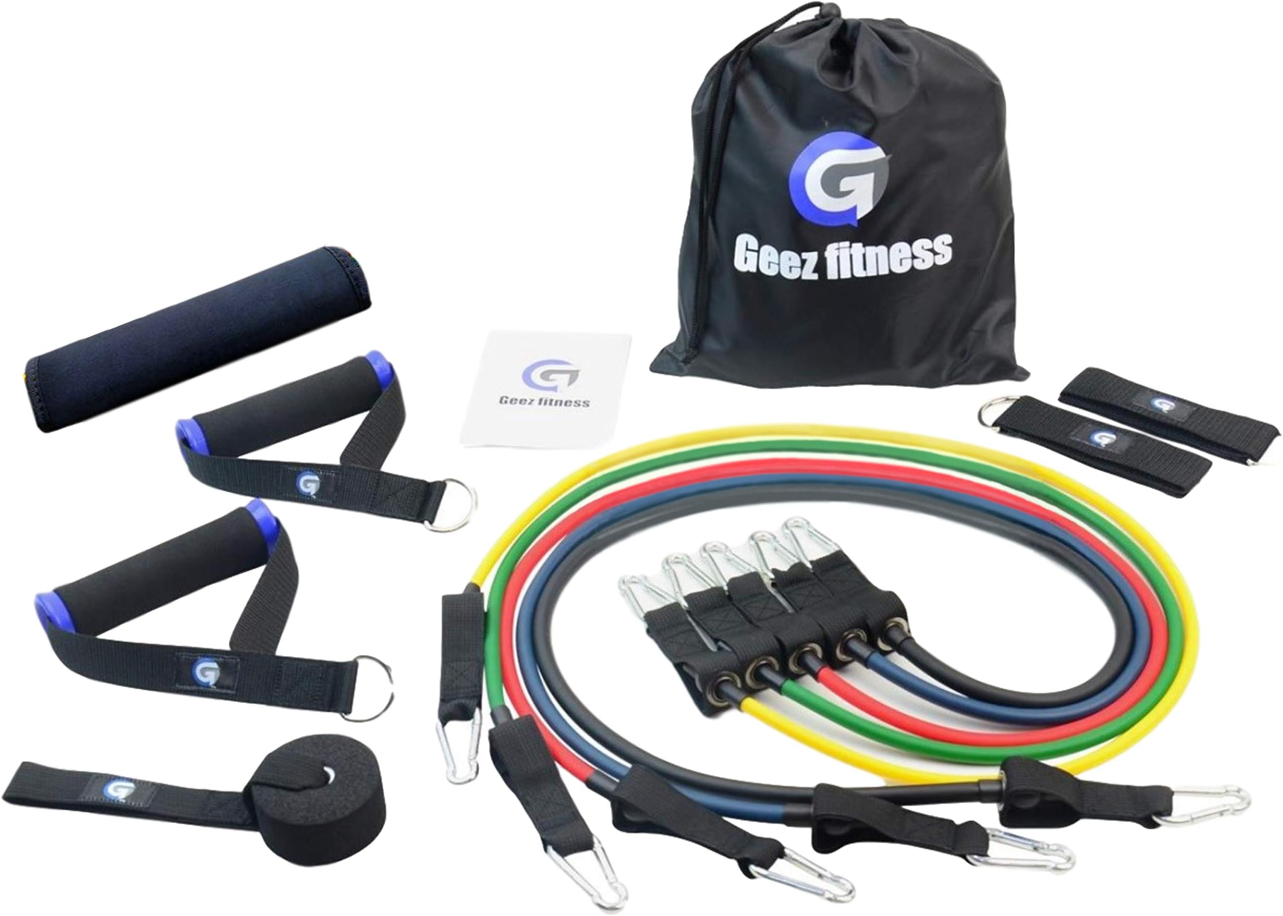 GeezFitness Resistance Bands Full Set for Women and Men, Mobility, Strength Training Body & Injury Rehab, Door Anchor, Bands for Chest, Thighs, Legs, Arms, glutes, ankle straps & handles. Free Ebook.