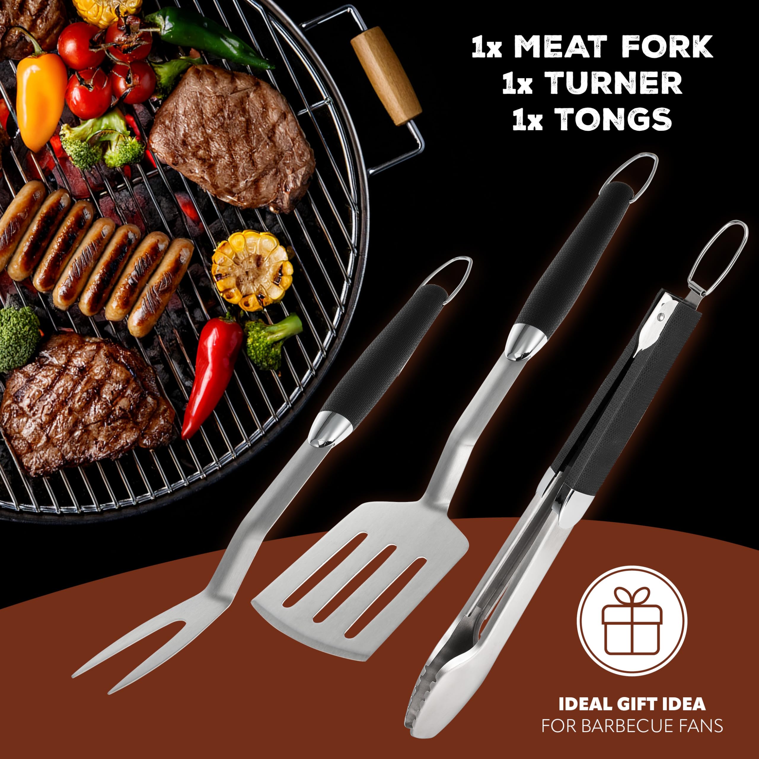 bremermann Set di posate per barbecue, 3 pezzi, pinza, paletta, forchetta per carne, accessori per barbecue in acciaio inox con impugnatura morbida