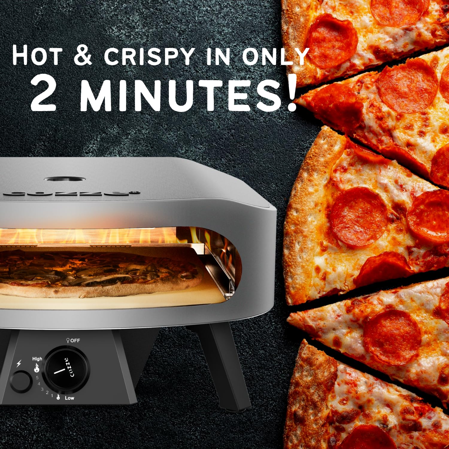 Cozze® 17" Pizzaofen CLASSIC | Gas 30 mbar | Großer Stein aus Cordierit inklusive | Doppelkammer aus Edelstahl | Automatische Zündung | Integriertes Thermometer | Schnelles Garen 2 min