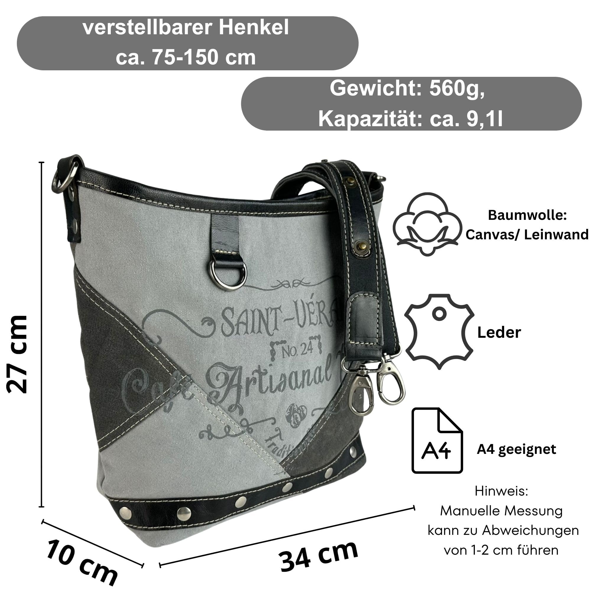 Sunsa Damen Umhängetasche Vintage Tasche Canvas Schultertasche schwarz/grau