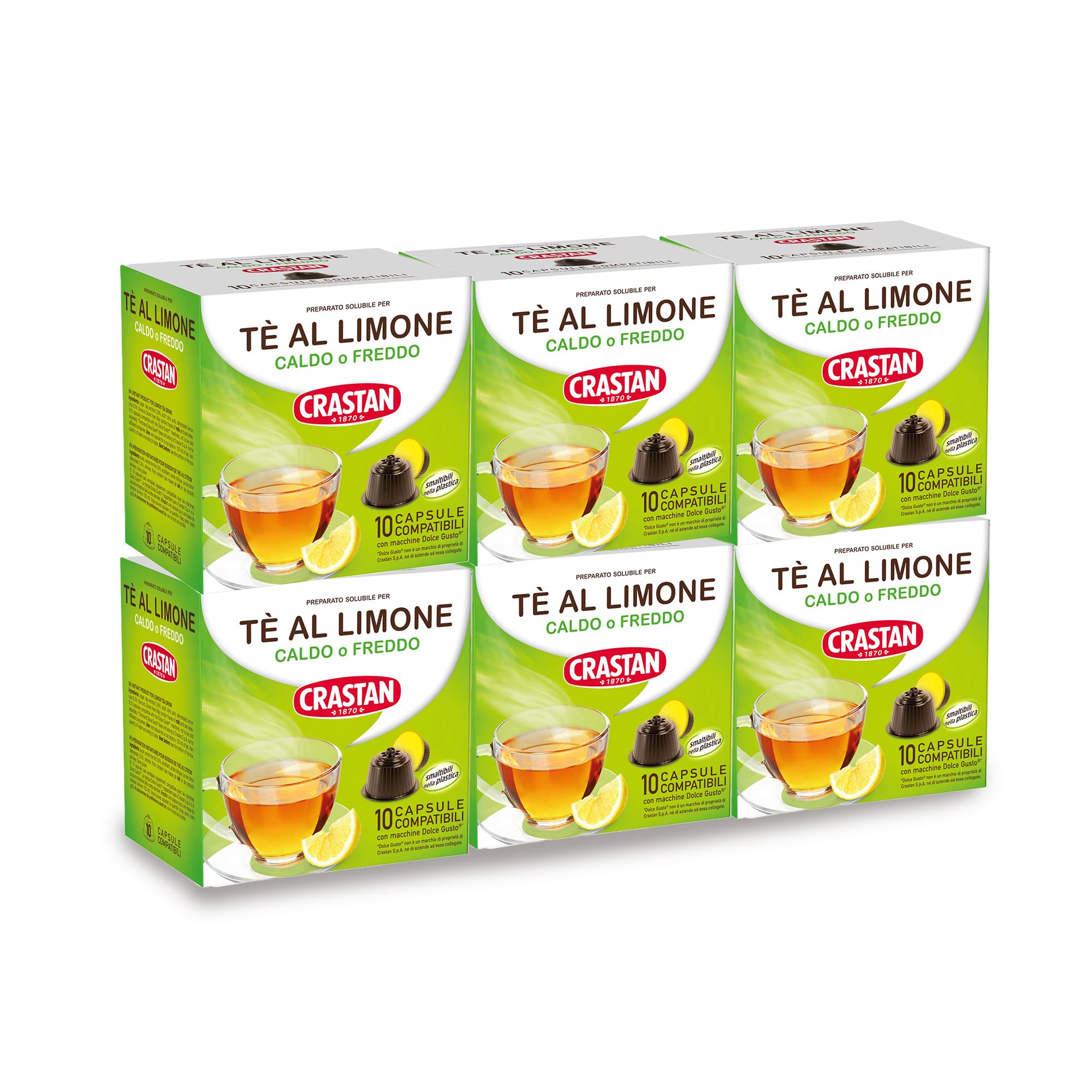 CRASTAN 1870 - Cápsulas compatibles Dolce Gusto - Té de limón - 6 cajas de 10 para un total de 60 cápsulas - Sin gluten