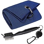 Aebor Golf Towels, Microfiber Waffle Pattern Tri-fold Golf Towel - Brush Tool Kit with Club Groove Cleaner, with Clip Men Women Golf Gifts (Navy Blue Towel+Black Brush)
