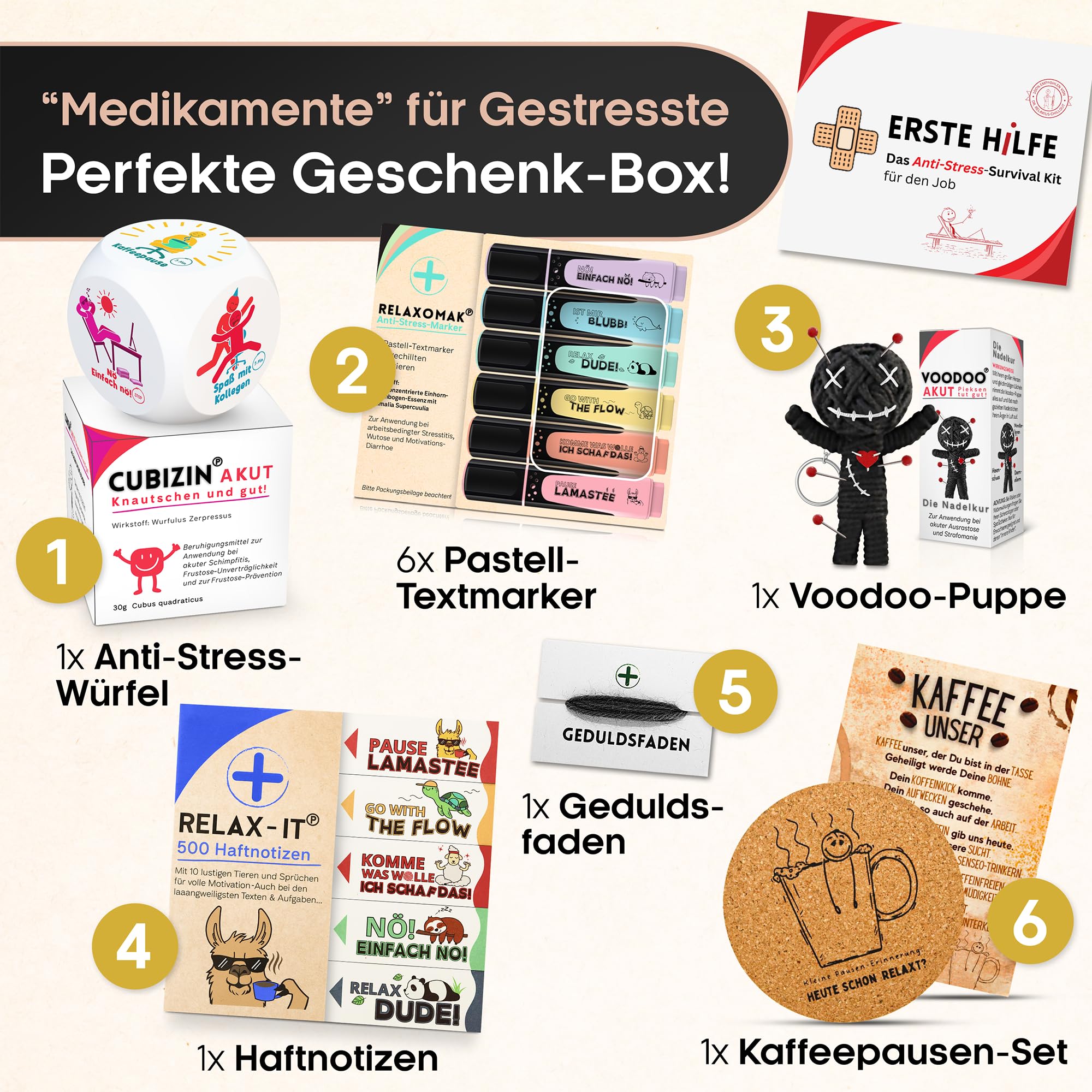 GLÜCKSGUT® Geschenkbox | ERSTE Hilfe für den Job | Lustige Bürobox mit 6 witzigen Helfern | Geschenk Kollegen, Chef, Abschied | Voodoo Puppe, Anti Stress Würfel, Textmarker, Post it´s, Geduldsfaden