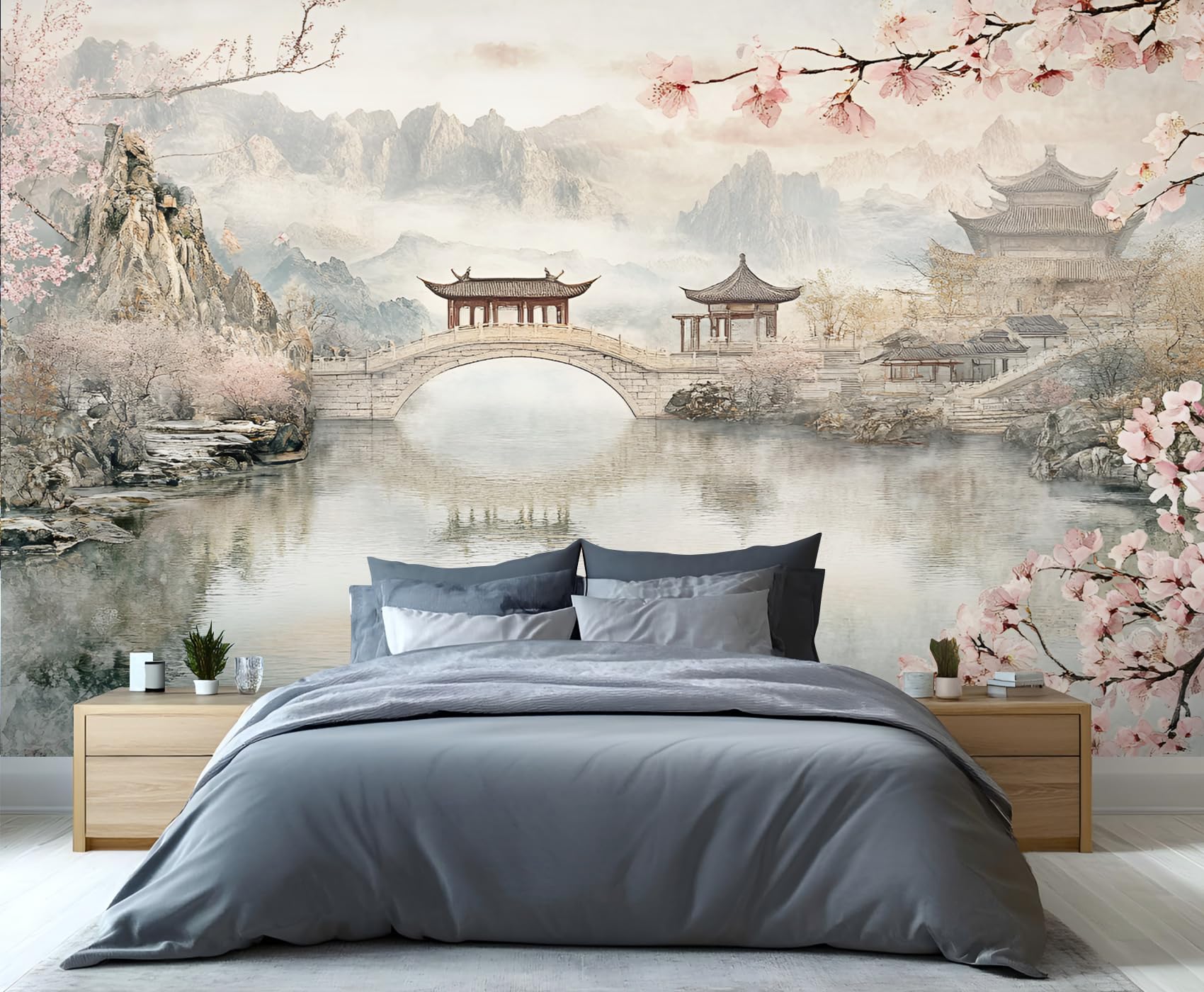 YXQAIED Japanese Style Wallpaper, Pink Cherry Blossoms Wallpaper for Living Room, Landscape Bedroom Wall Paper, Not Self Adhesive Cute Bull 3D Large Mural & Home Decor Poster, 400x280cm — image 1