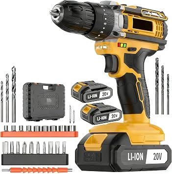 20V Cordless Drill/Driver, Electric Screwdriver - 2 Batteries, 30Nm, 21+1 Torque, 2 Speed, Keyless 3/8" Chase with LED Light 20V Drill Yellow