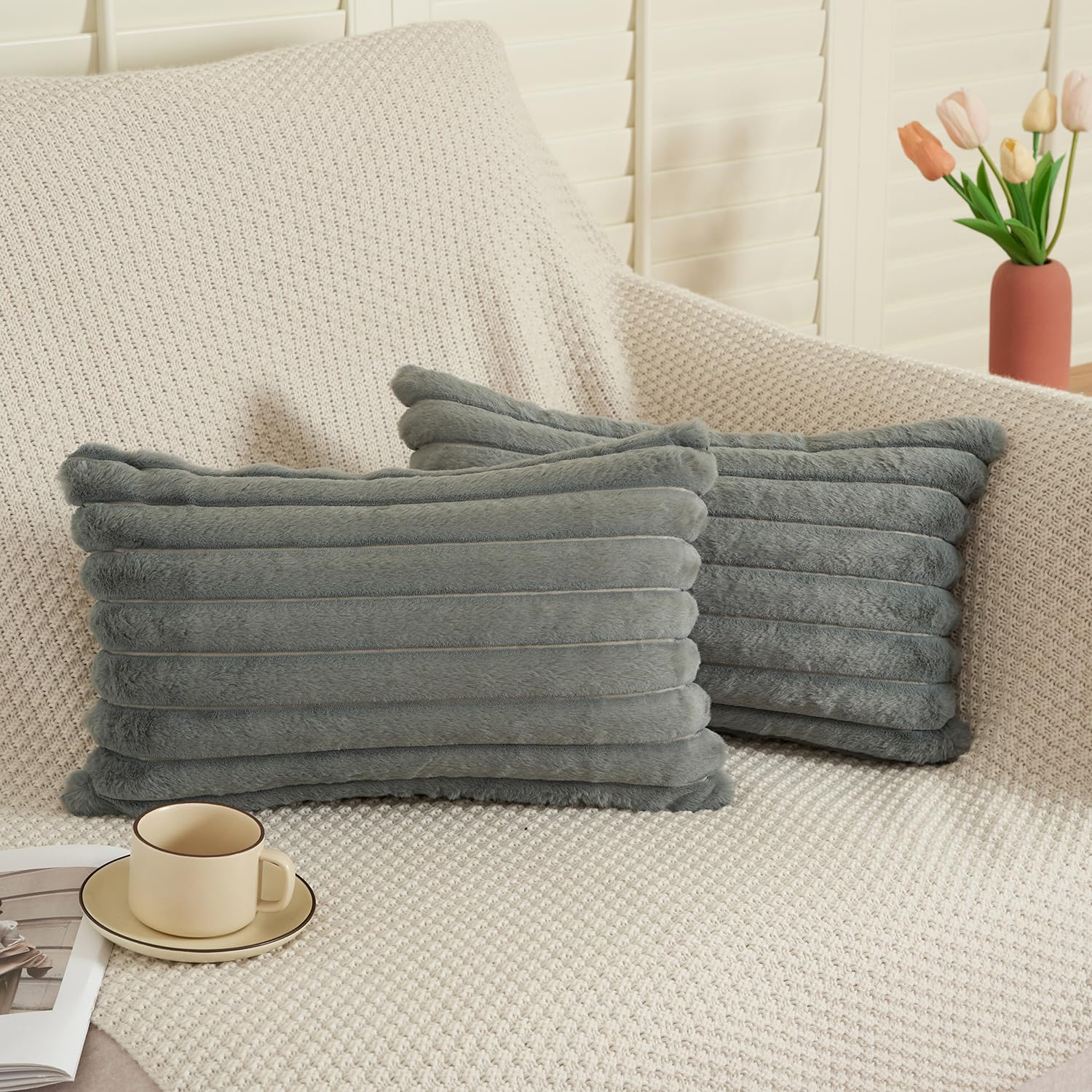 EASE LEAP Grey Cushion Covers 30cm x 50cm Fluffy Faux Fur Set of 2 Throw Pillow Covers Soft Plush Pillowcases for Sofa Bed Modern Style Home Decor Fluffy Striped Cushion Cover 12x20 Inches